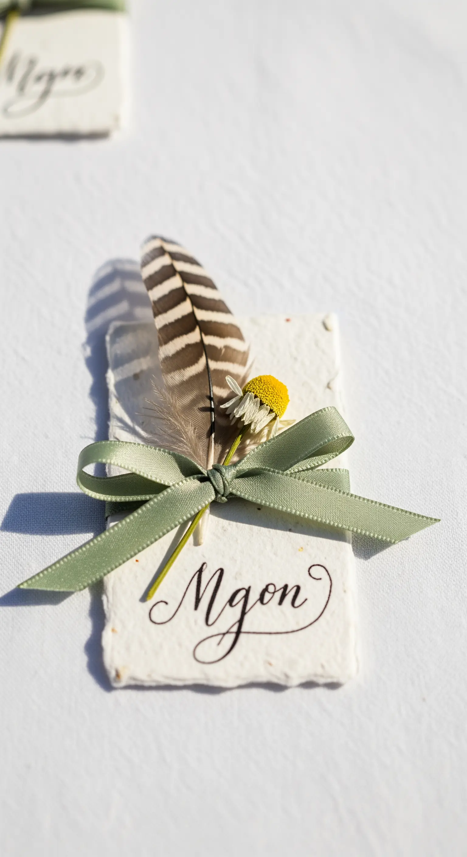 Segnaposto su carta fatta a mano con margherita, piuma e fiocco verde salvia.