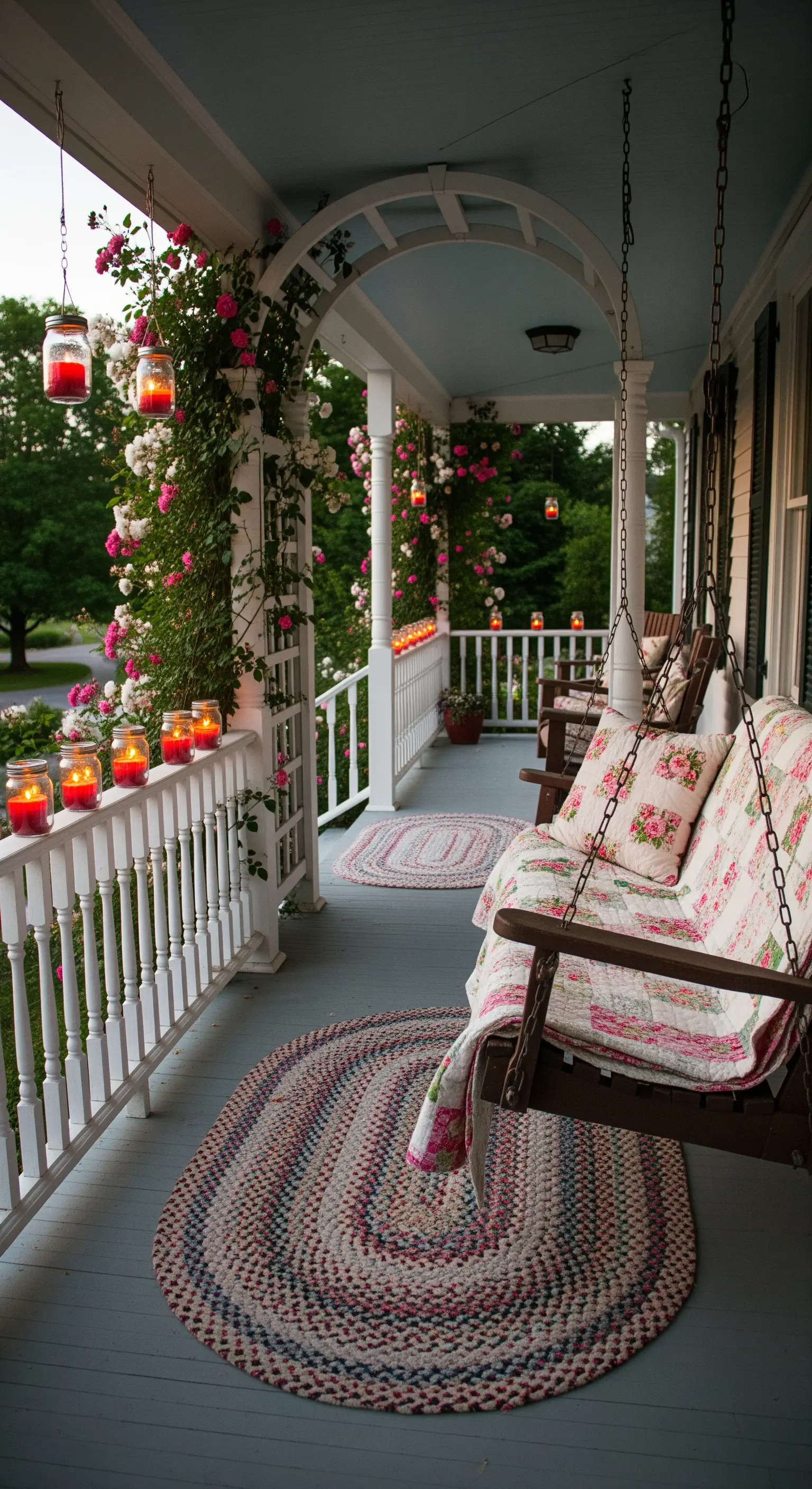 Portico con dondolo, cuscini floreali, tappeti intrecciati e candele in barattoli sospesi.