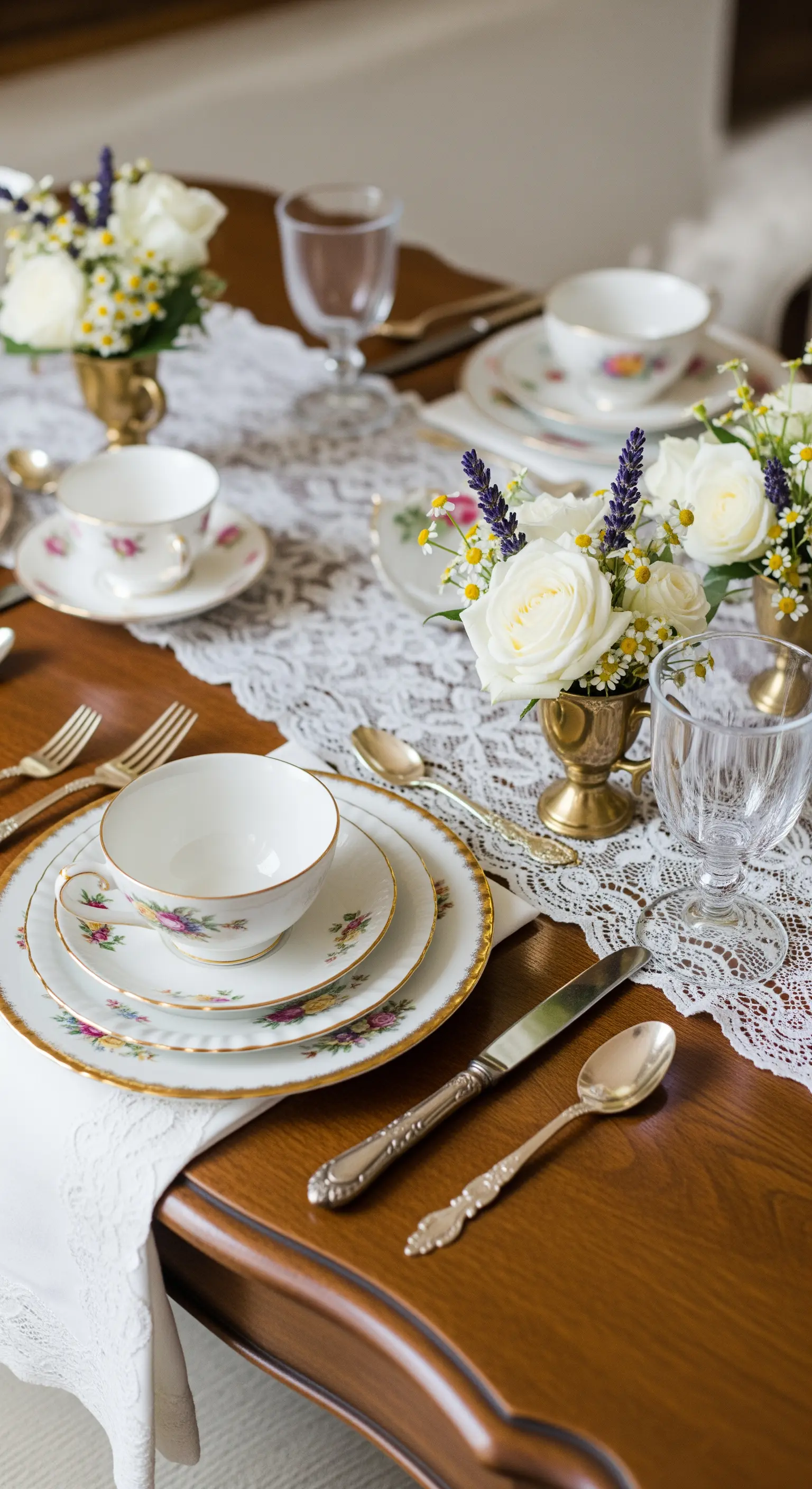 Tavola vintage con runner in pizzo, tazze di porcellana con bordo dorato e piccole rose.