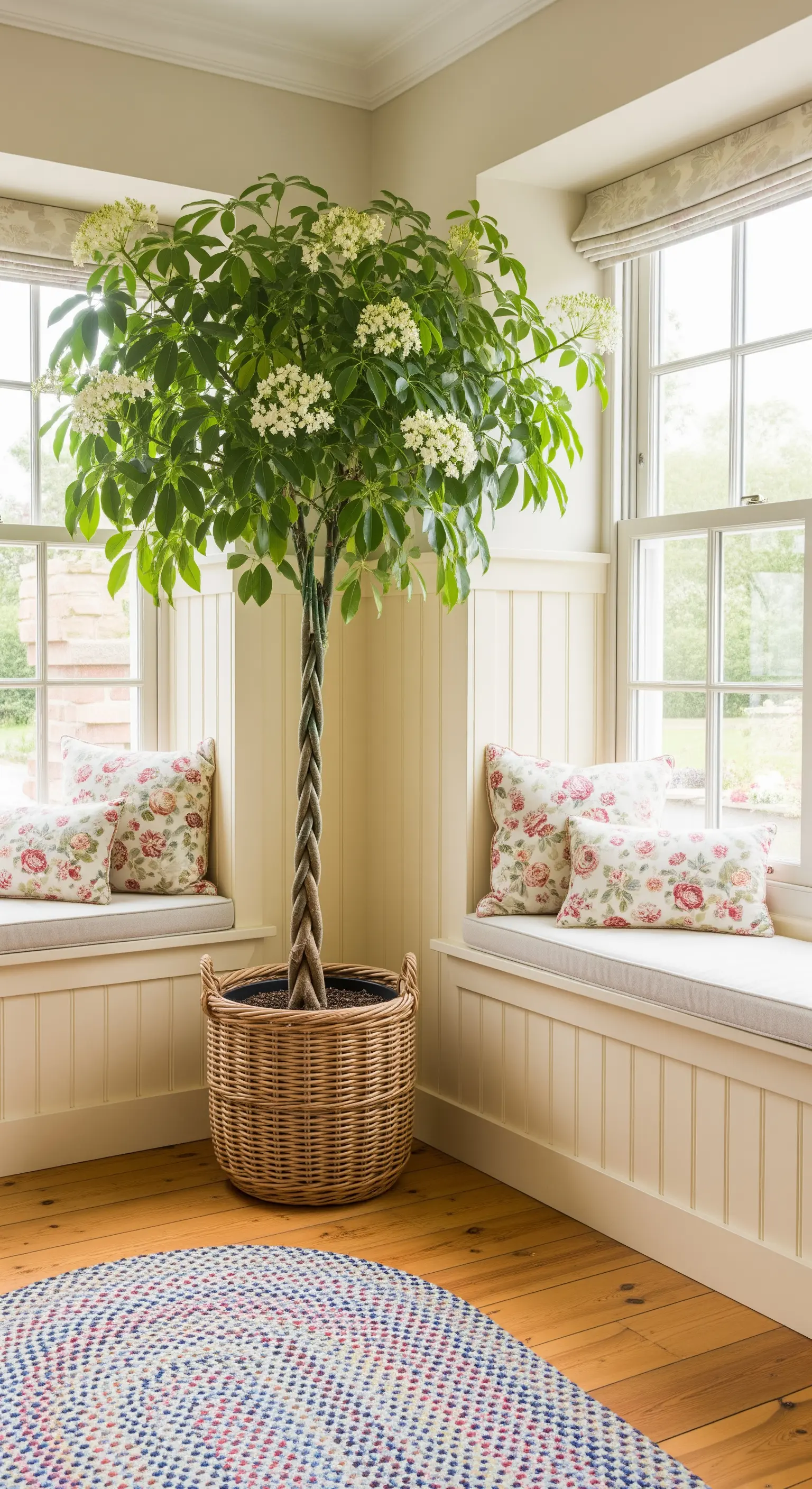 Alberello in fiore con tronco intrecciato in un cesto di vimini, in un angolo luminoso con panche.