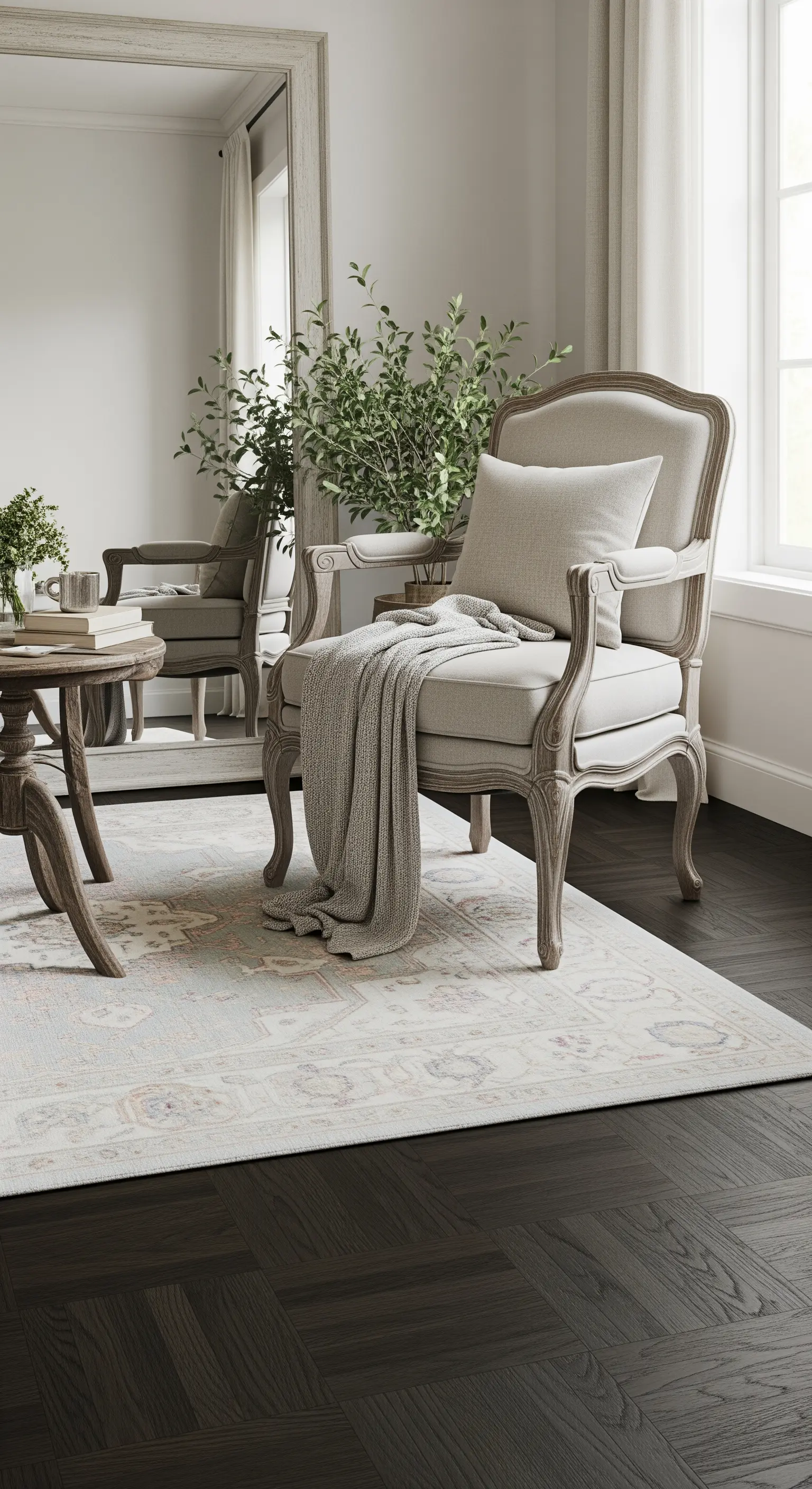 Poltrona in stile francese con legno decapato, grande specchio e tappeto dai toni neutri.