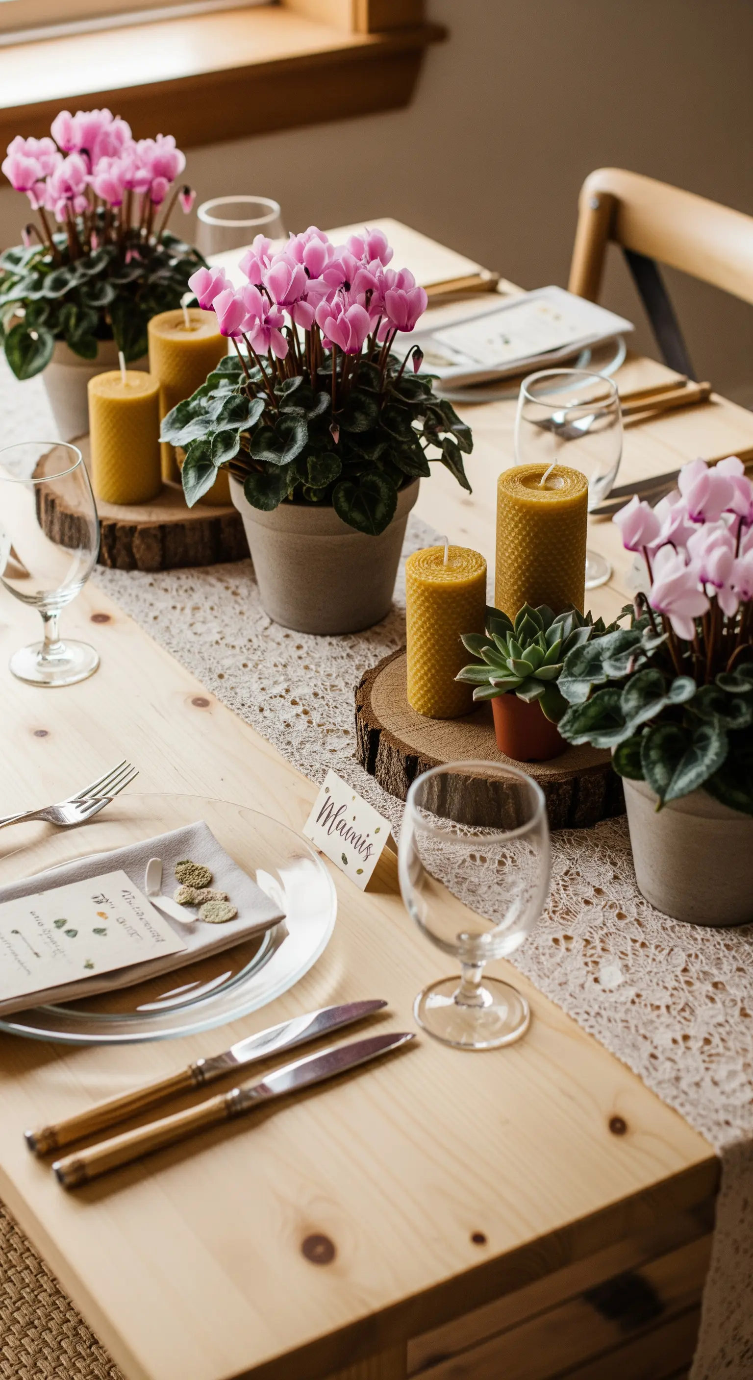 Tavola rustica con runner in pizzo, piante di ciclamino in vaso e candele in cera d'api.