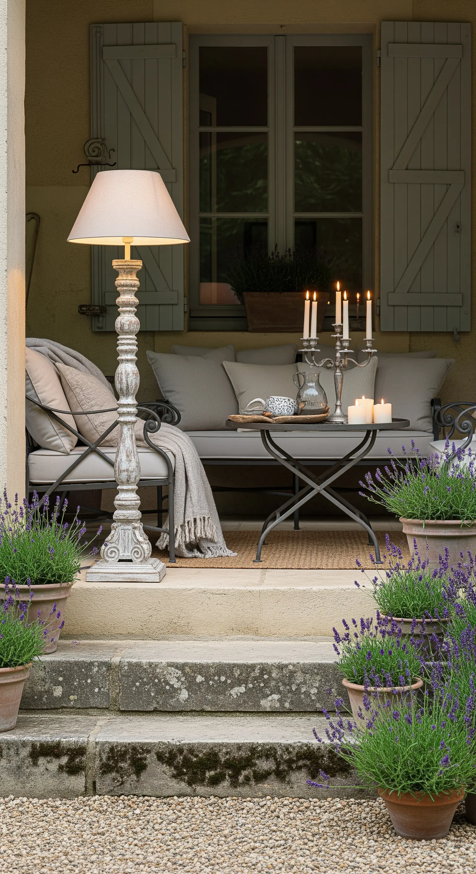 Veranda in stile provenzale con divano in ferro, lavanda e lampada in legno decapato.