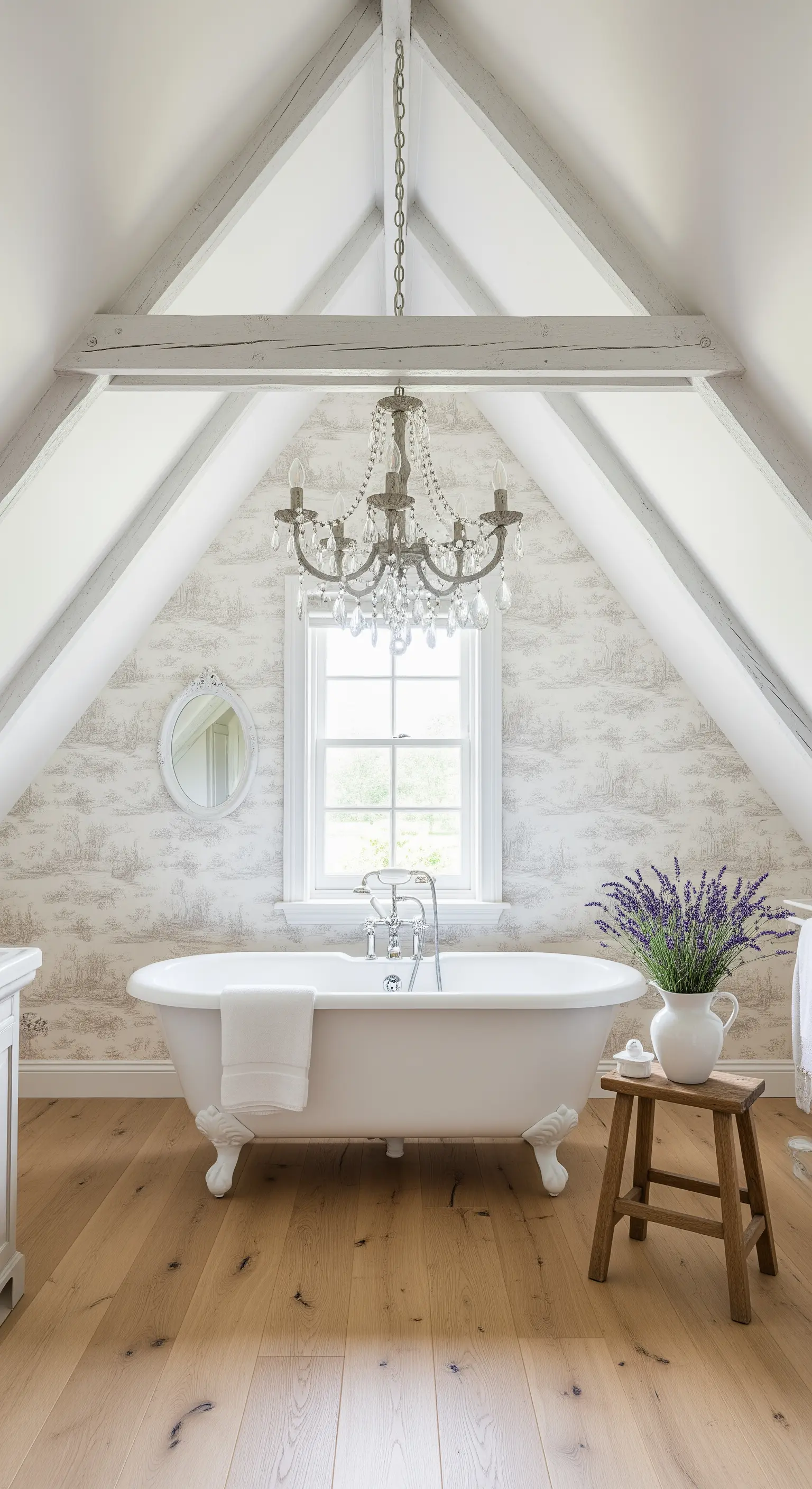 Bagno in mansarda con carta da parati Toile de Jouy e un piccolo lampadario di cristallo.