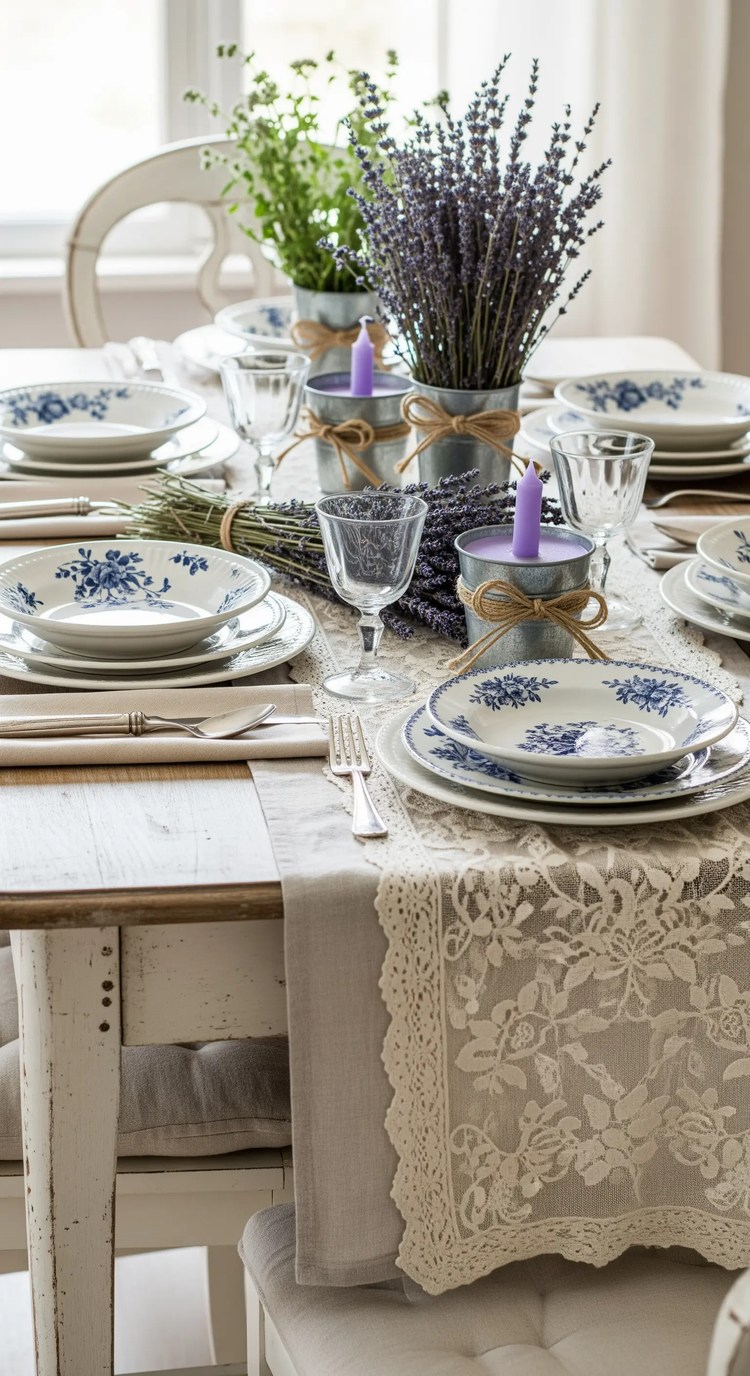 Tavola shabby chic con runner in pizzo, piatti con fiori blu e lavanda in vasi di zinco