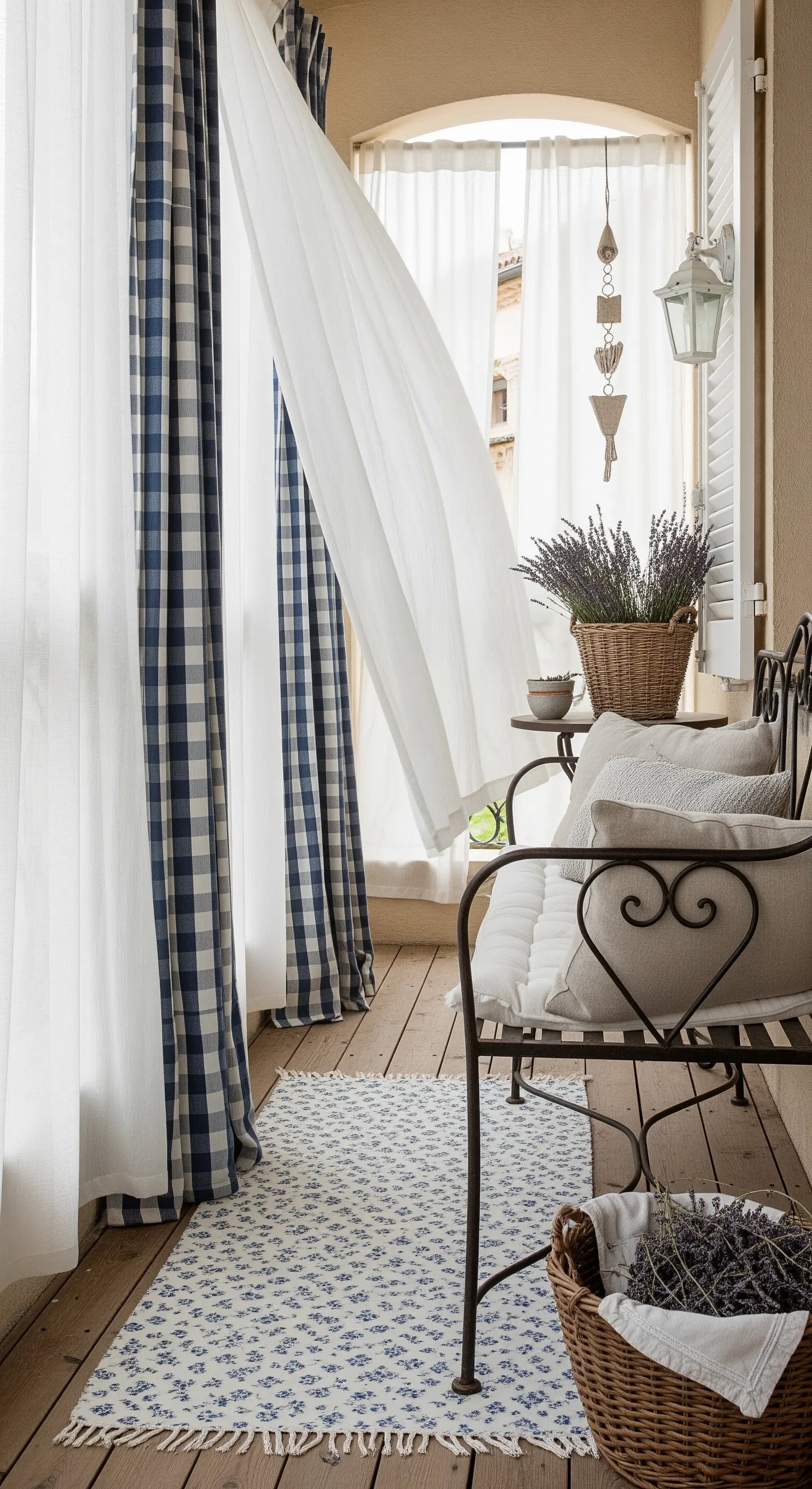 Balcone in stile provenzale con panchina in ferro, tende a quadri e cesti di lavanda.