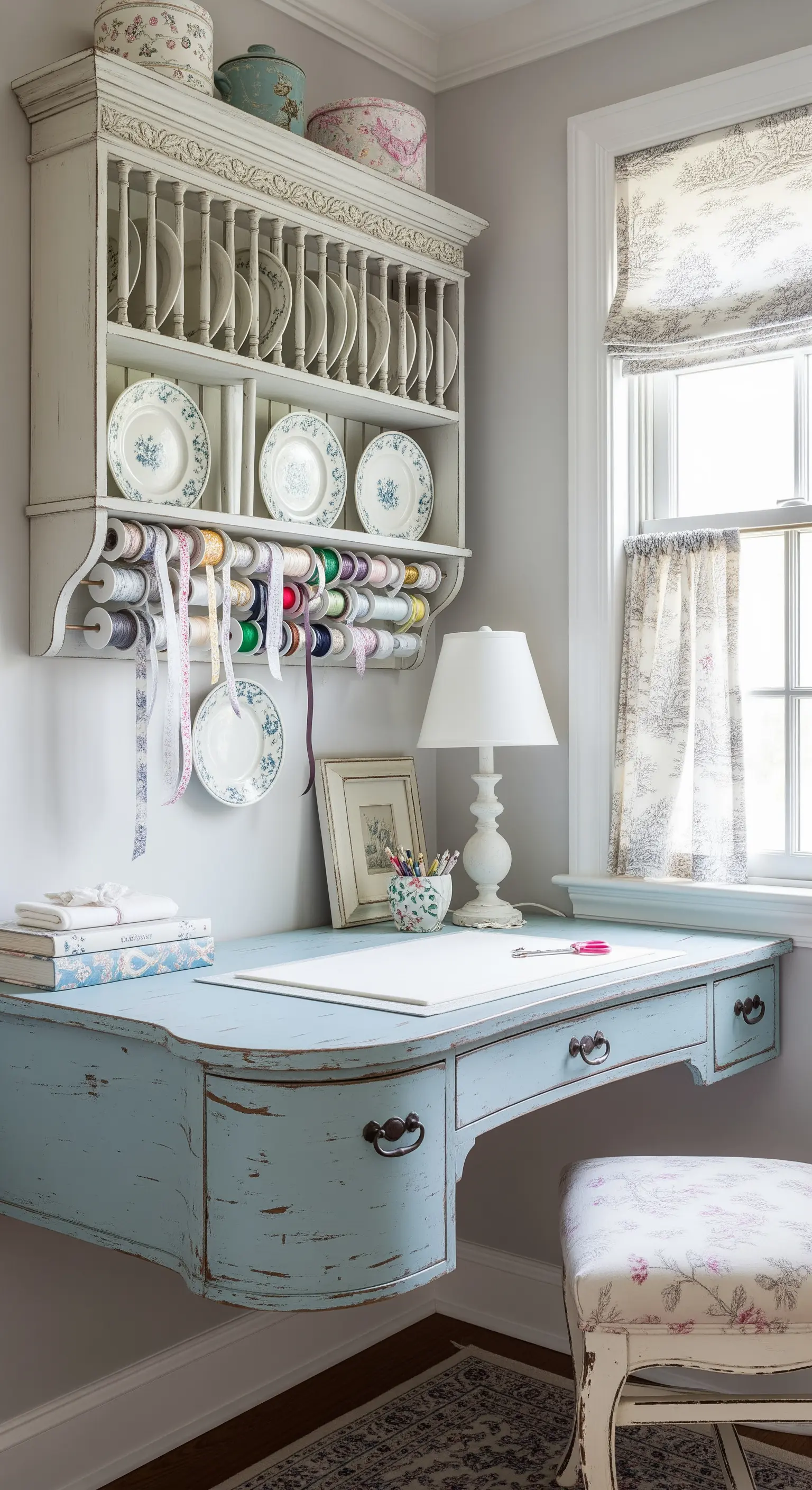 Scrivania sospesa azzurra in stile shabby chic con una rastrelliera per piatti come organizer.