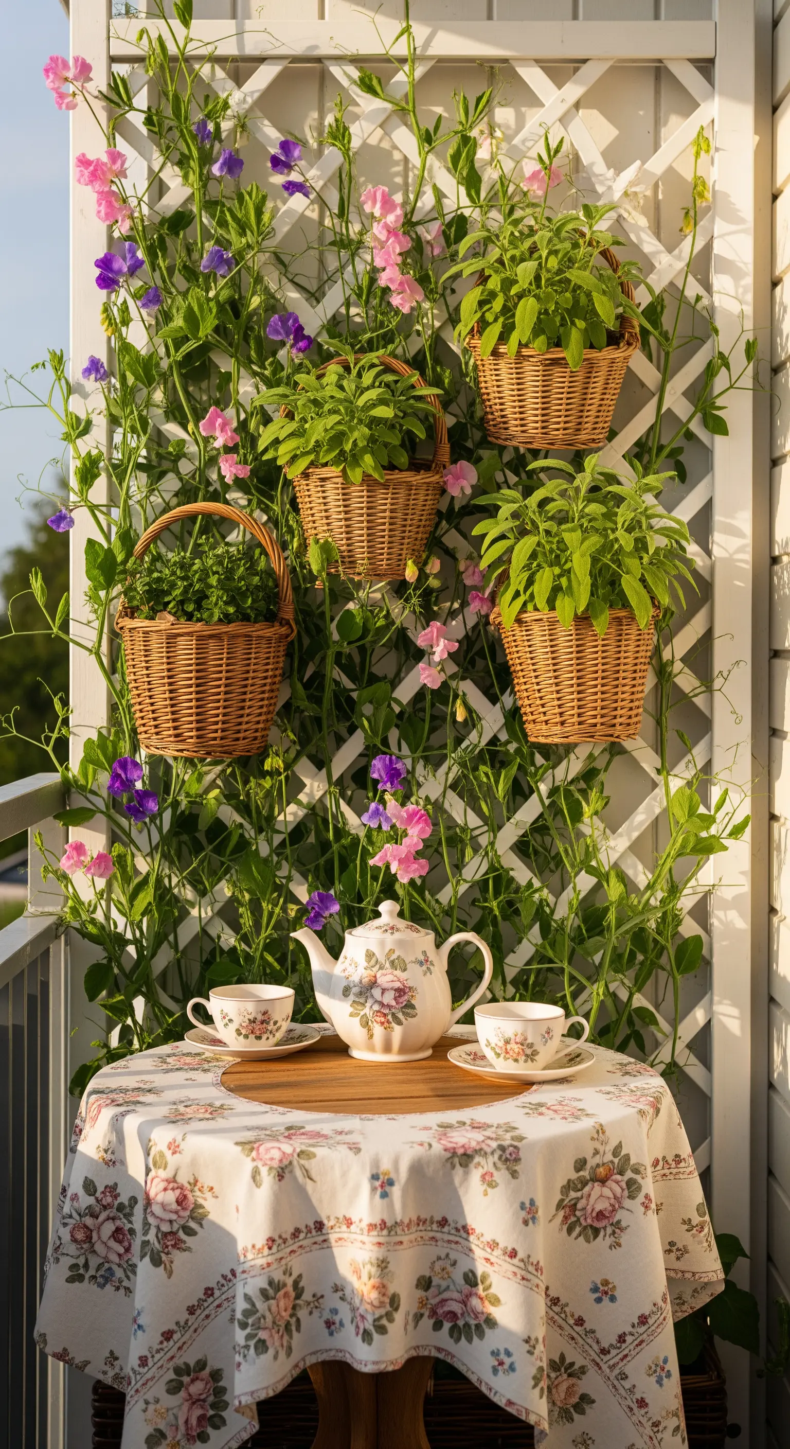Graticcio bianco con cesti di vimini e fiori rampicanti rosa e viola.