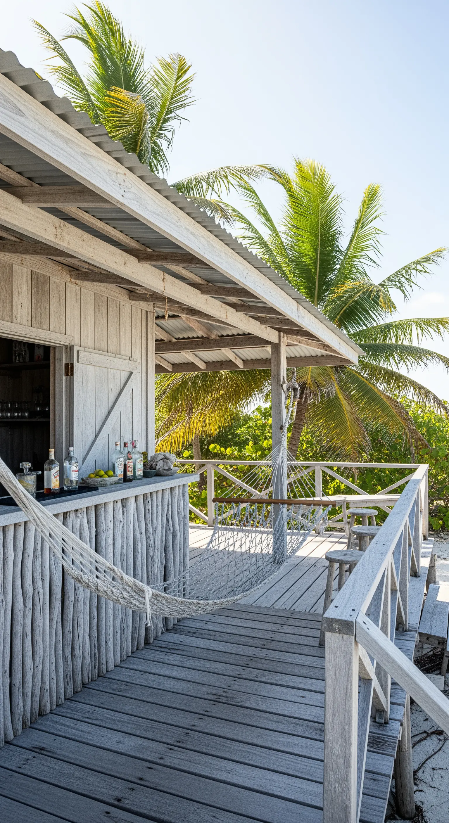 Bar sulla spiaggia costruito con legno di recupero sbiancato, tetto in lamiera e amaca in corda