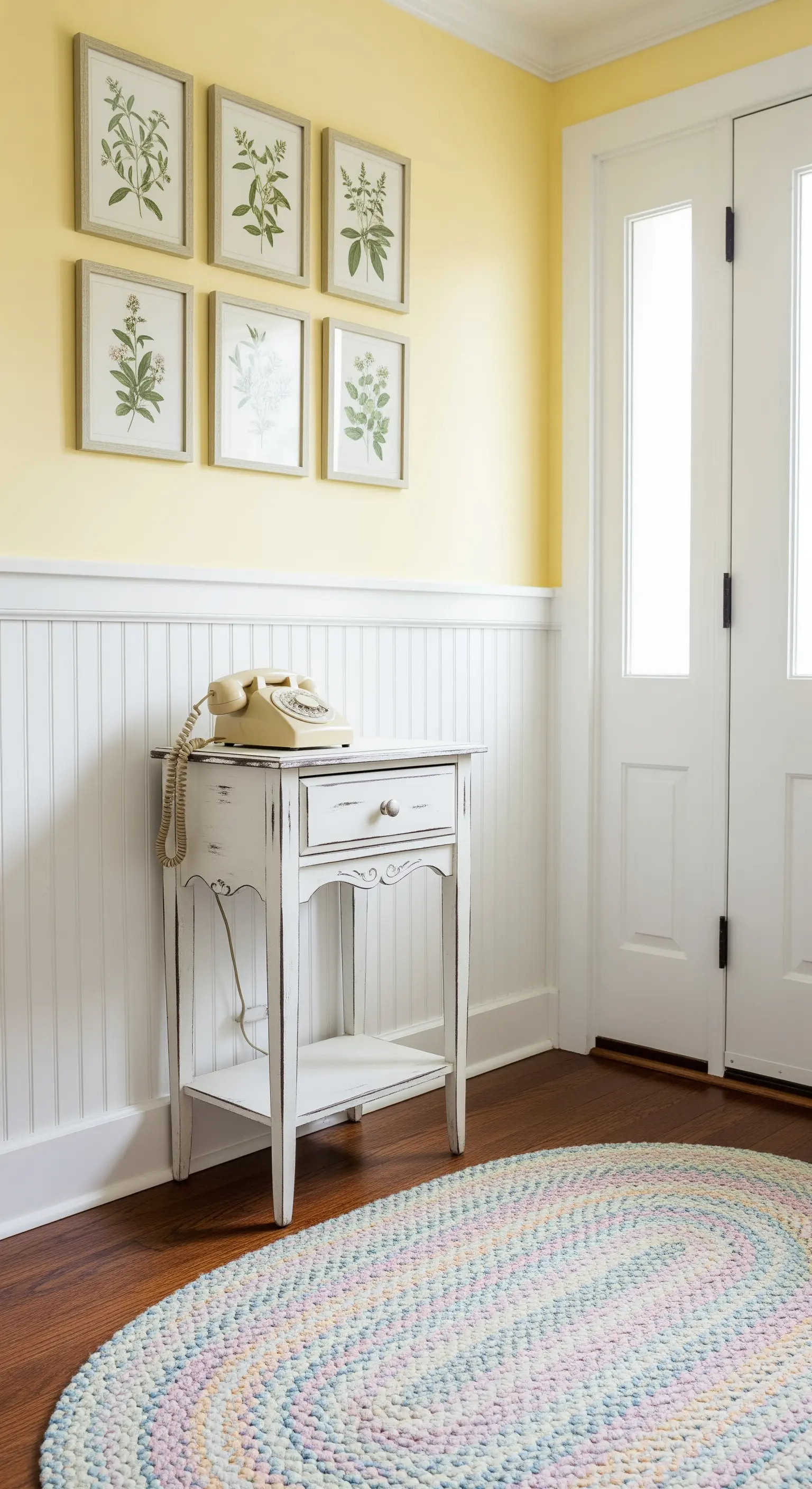 Ingresso giallo con boiserie bianca, tavolino anticato e tappeto ovale intrecciato.