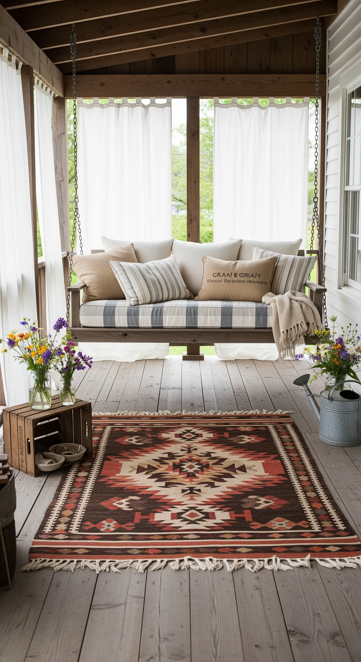 Portico rustico con dondolo in legno, tappeto etnico e fiori di campo in una cassetta.
