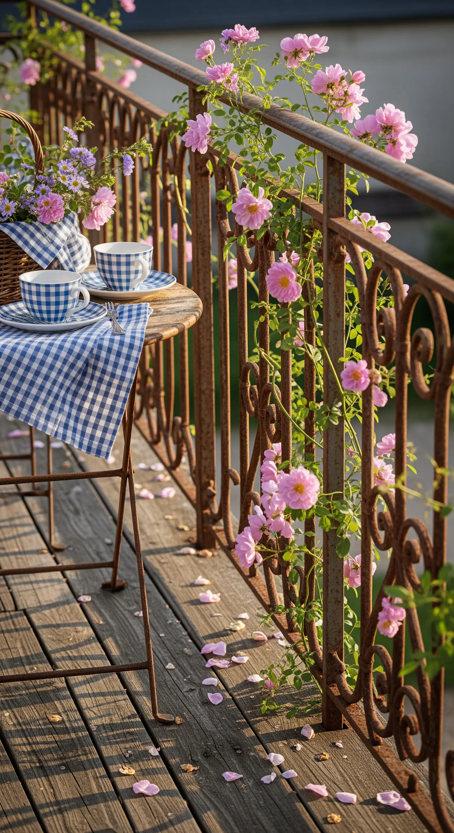 Balcone rustico con ringhiera in ferro arrugginito, pavimento in legno e tovaglia a quadri