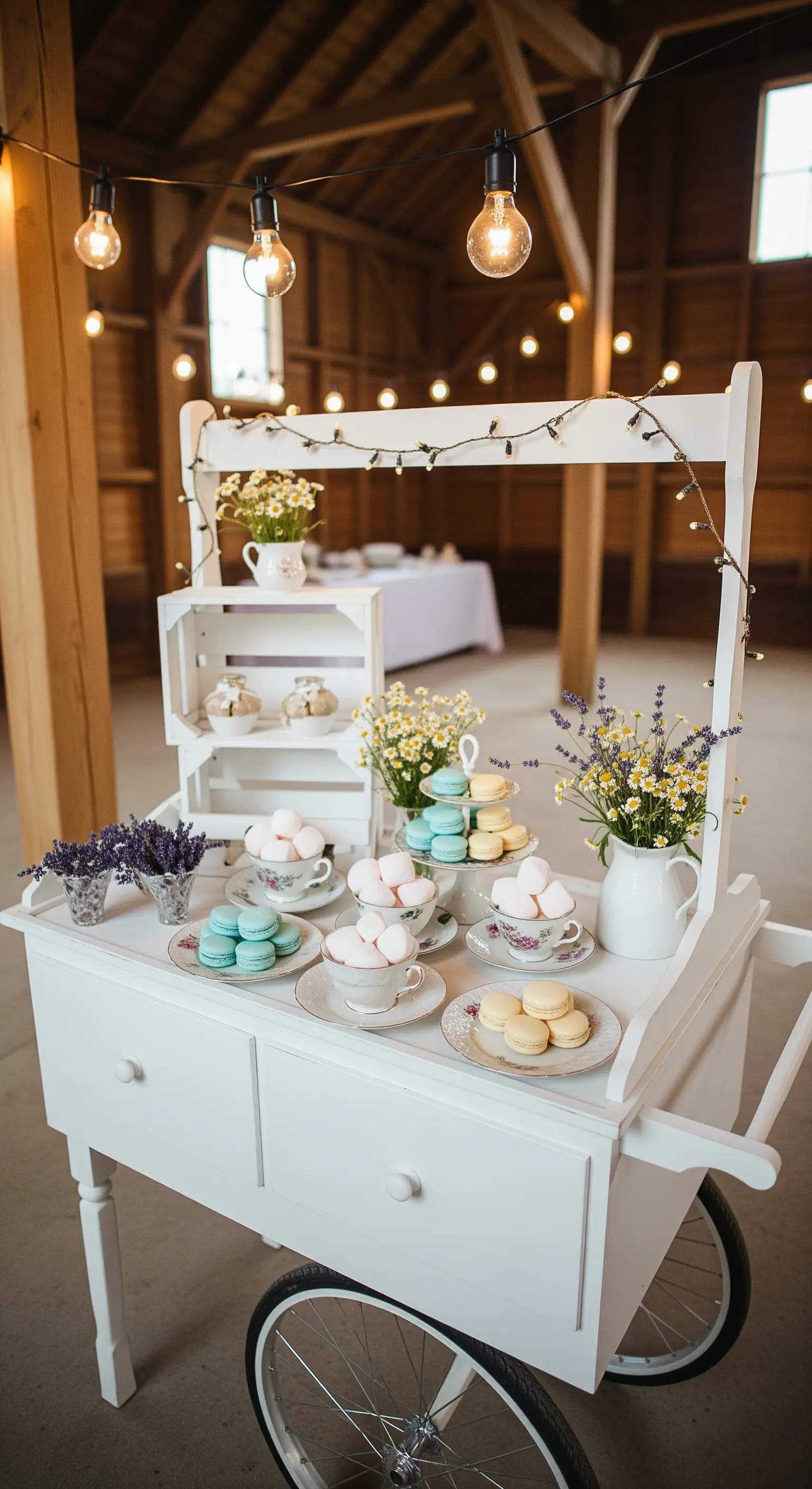 Carretto bianco in stile rustico con macarons pastello, fiori di campo e luci a filo.