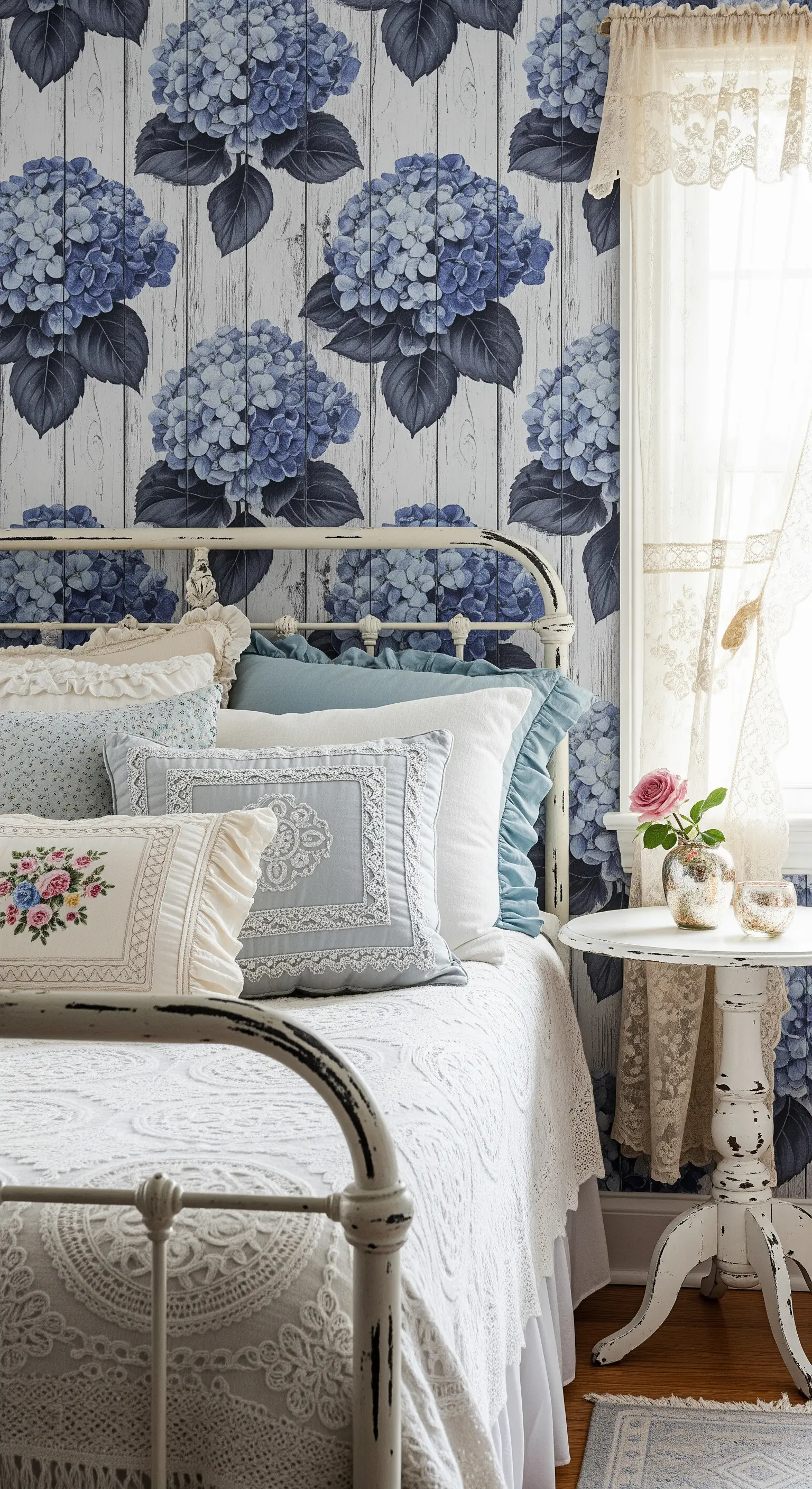 Letto in ferro bianco anticato con carta da parati a ortensie blu su fondo a listelli di legno.