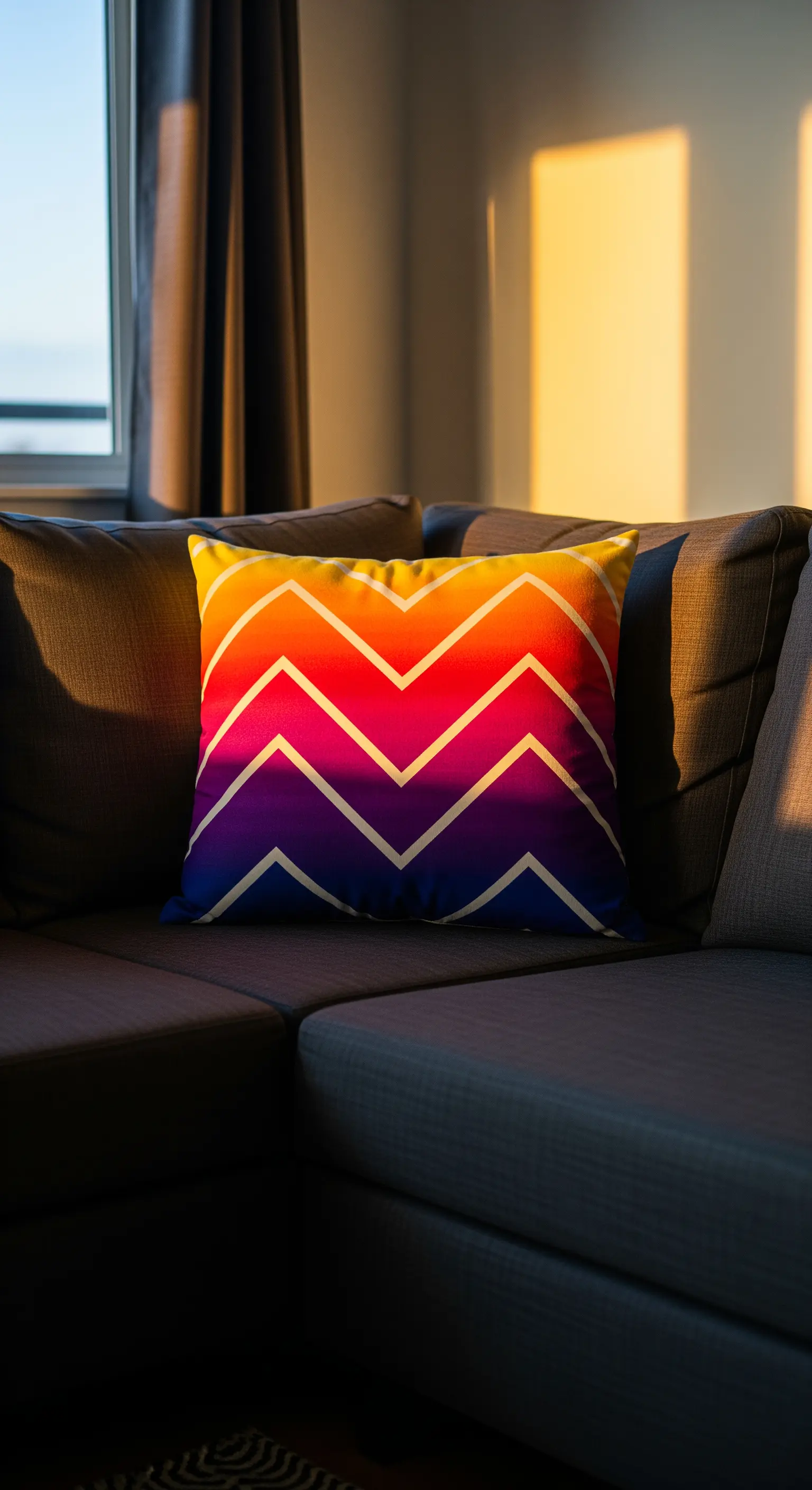 Cuscino con motivo chevron che sfuma dal giallo al viola, illuminato dalla luce del tramonto.