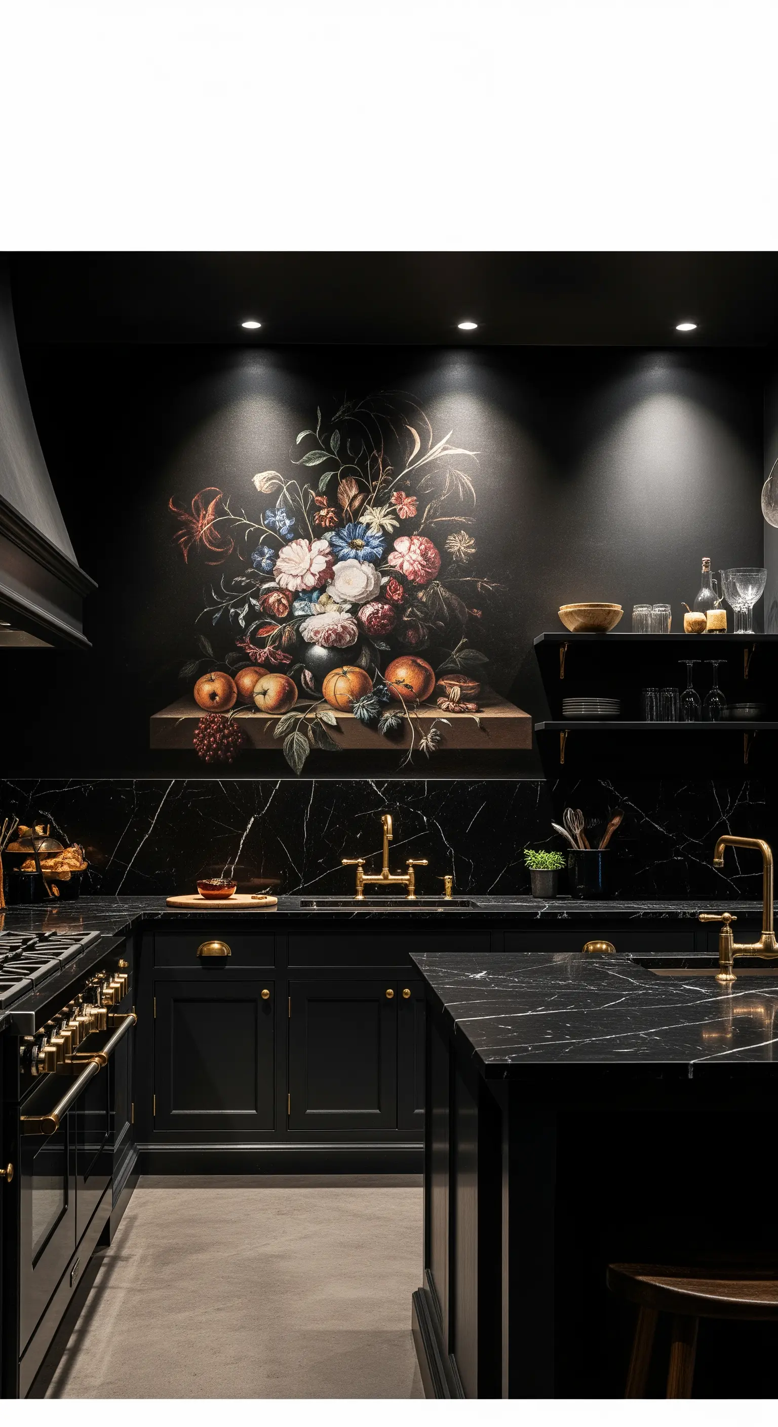 Cucina nera con murale 