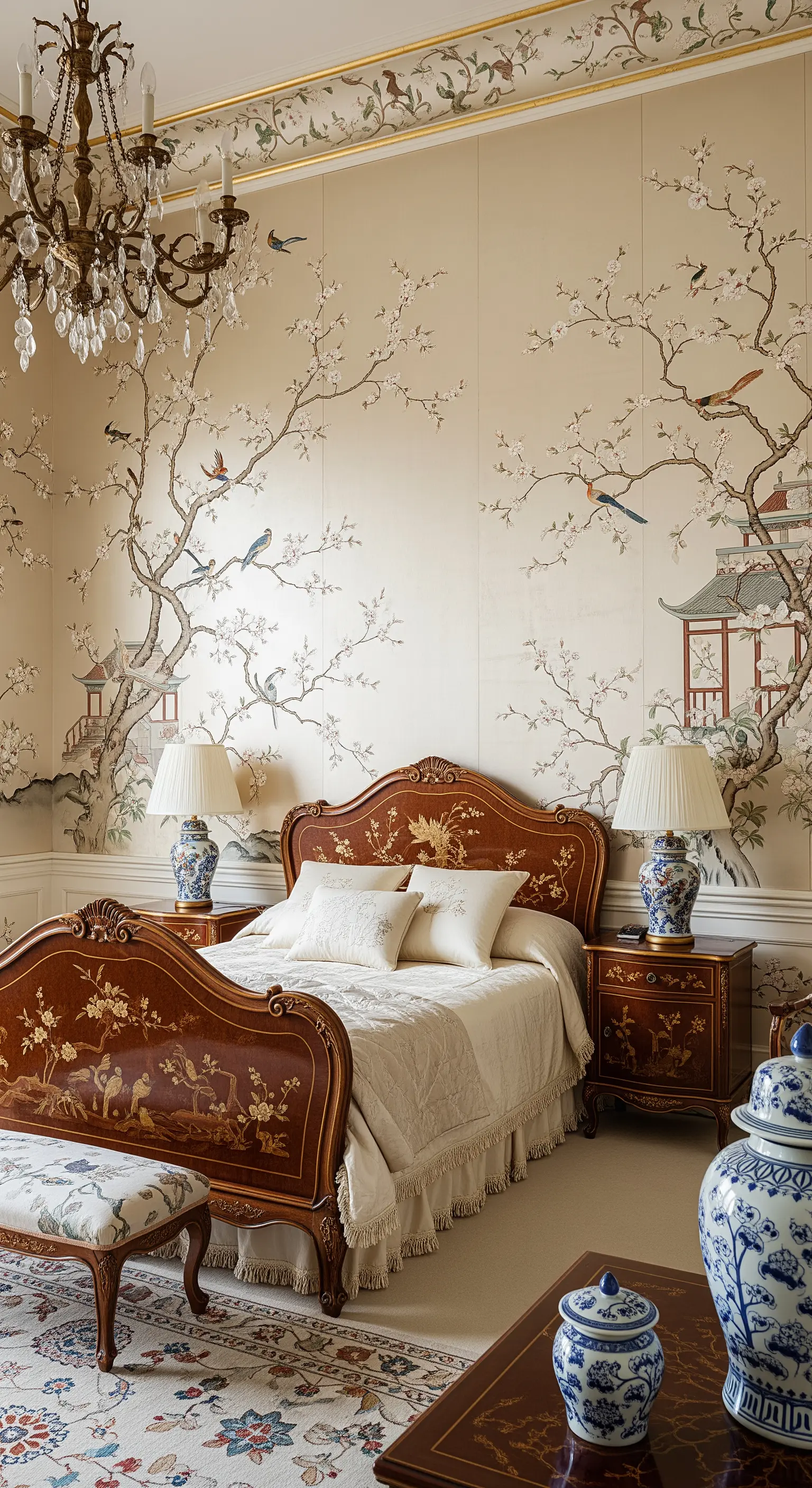 Camera da letto classica con murale in stile Chinoiserie e mobili in legno intarsiato.