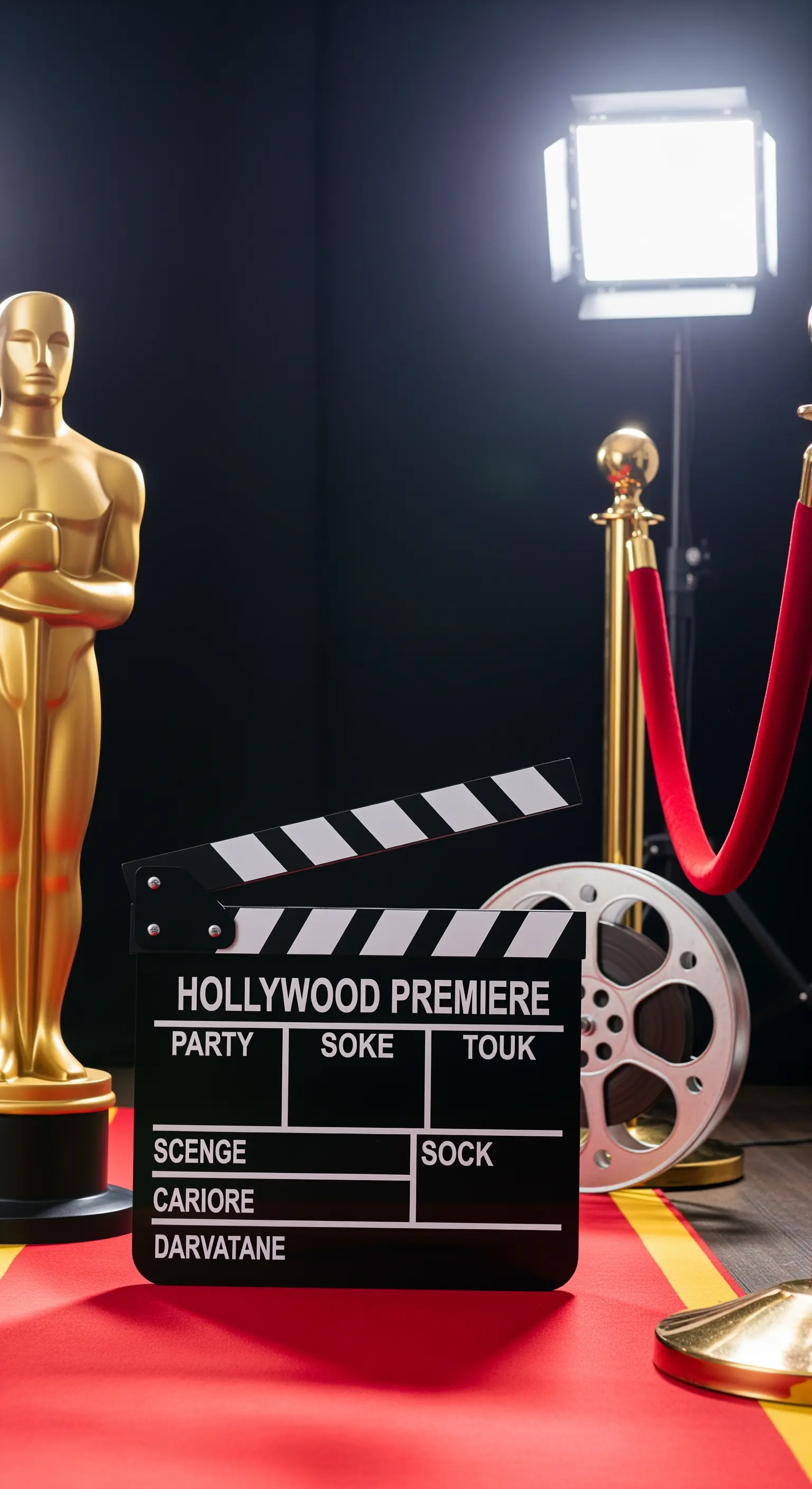 Invito a una premiere di Hollywood a forma di ciak, su un red carpet con statuetta dorata.