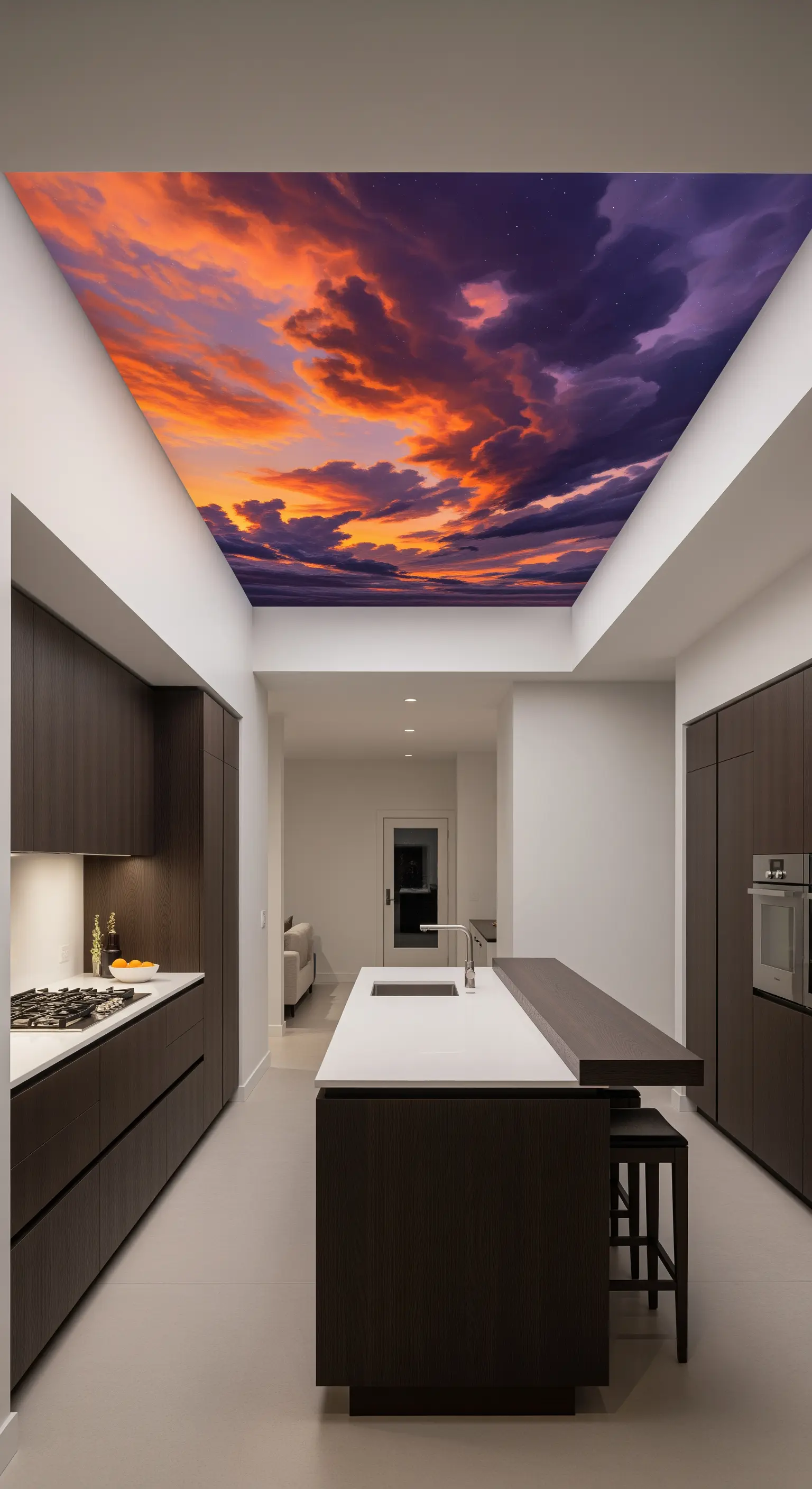 Cucina moderna con un pannello luminoso a soffitto che riproduce un cielo al tramonto.
