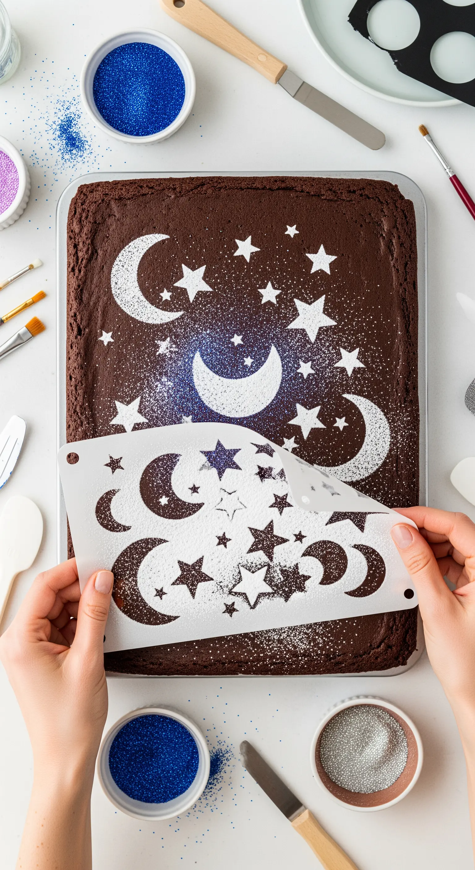 Decorazione di una torta al cioccolato con uno stencil a tema cielo notturno e glitter blu.