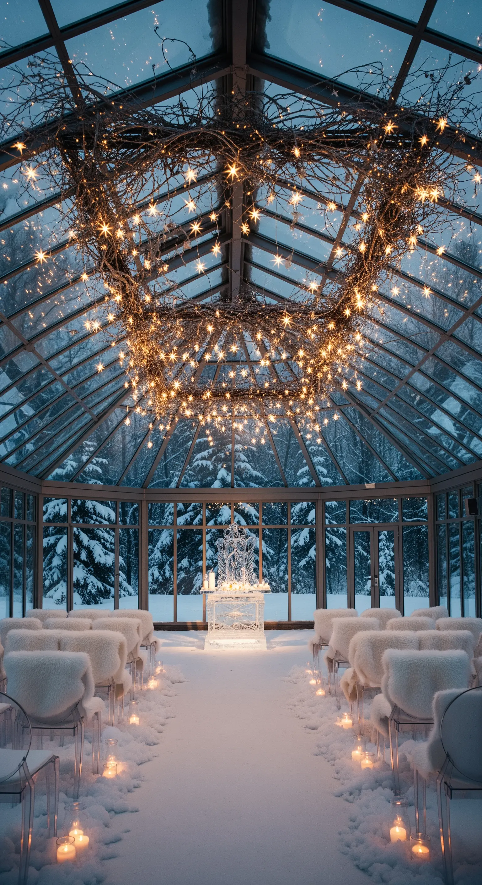 Cerimonia invernale in una serra con ghirlanda di luci a forma di cuore.