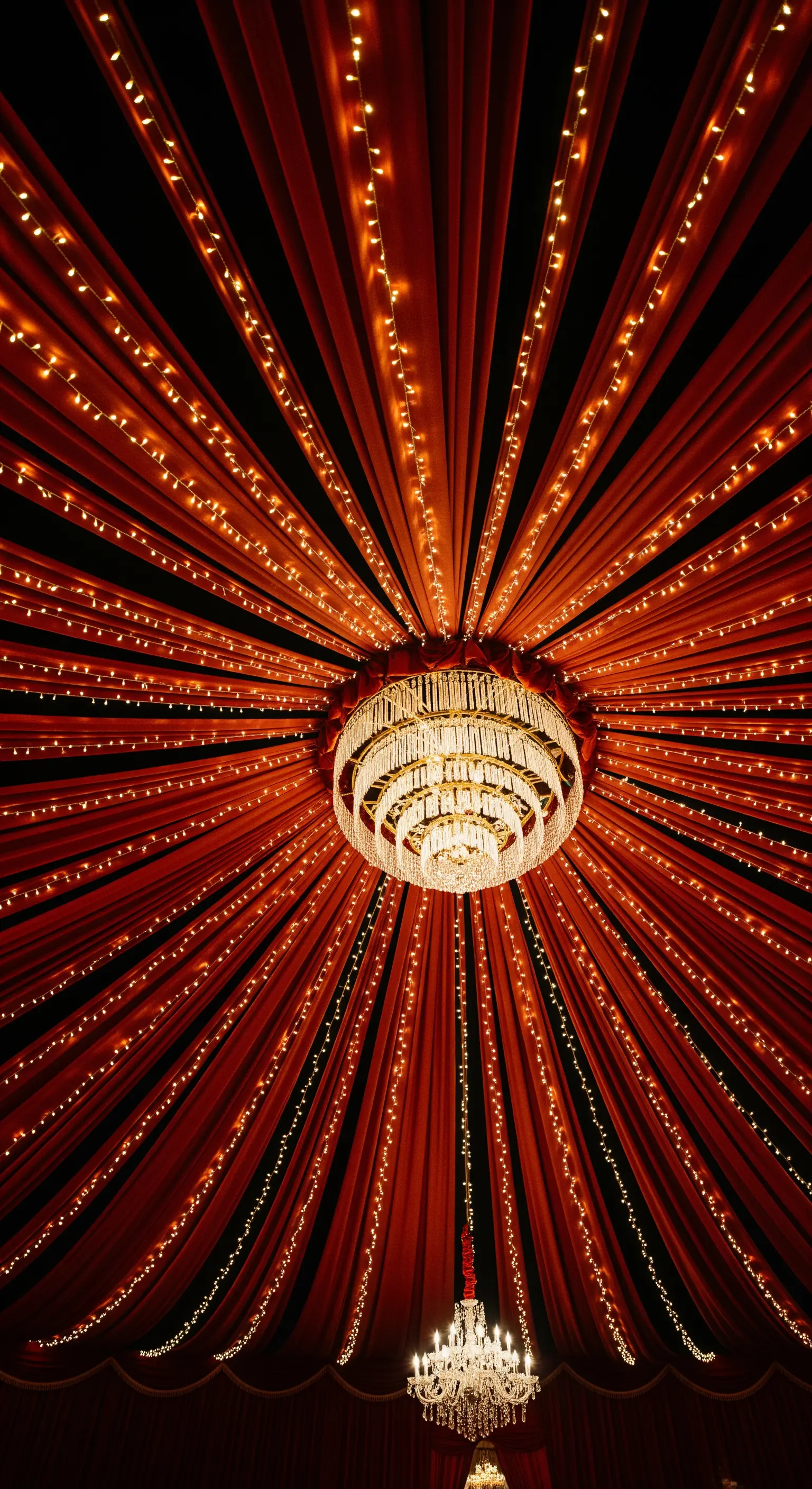 Soffitto decorato con drappi di tessuto rosso e lucine a LED che convergono su un lampadario.