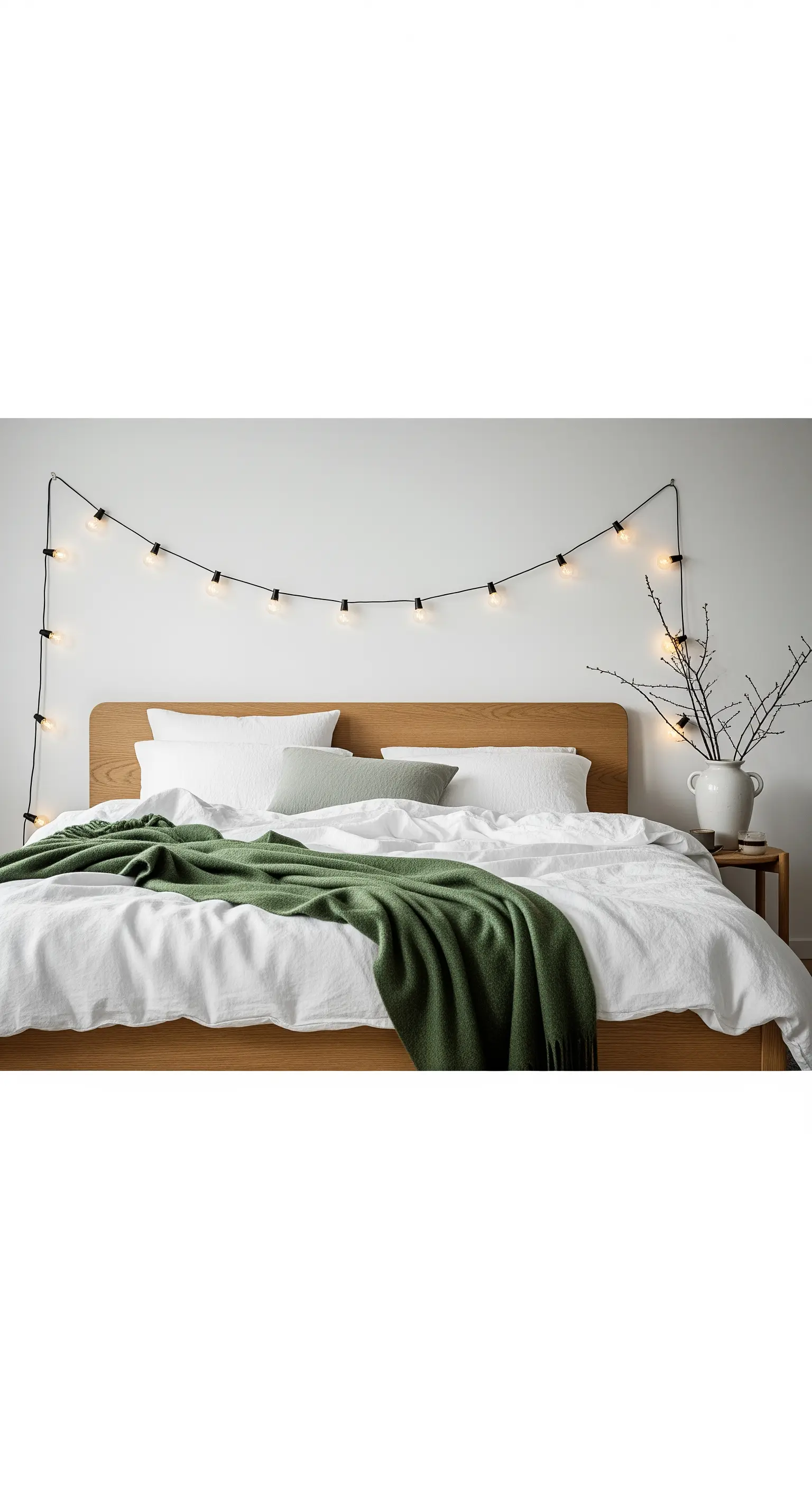 Camera da letto in stile scandinavo con una catena di luci a bulbo sopra la testiera.