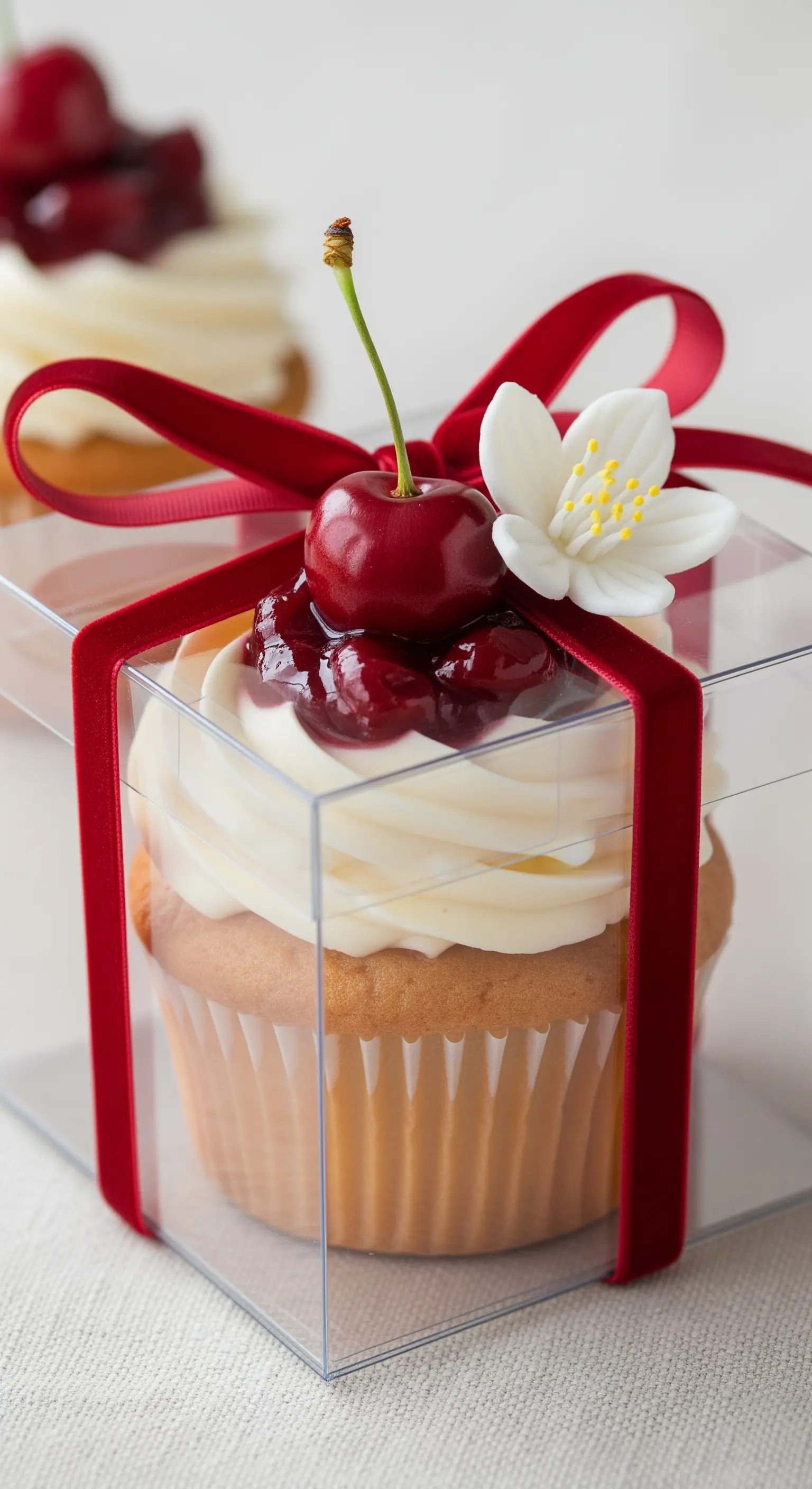Cupcake con ciliegia fresca e fiorellino bianco, legato da un nastro di velluto rosso.