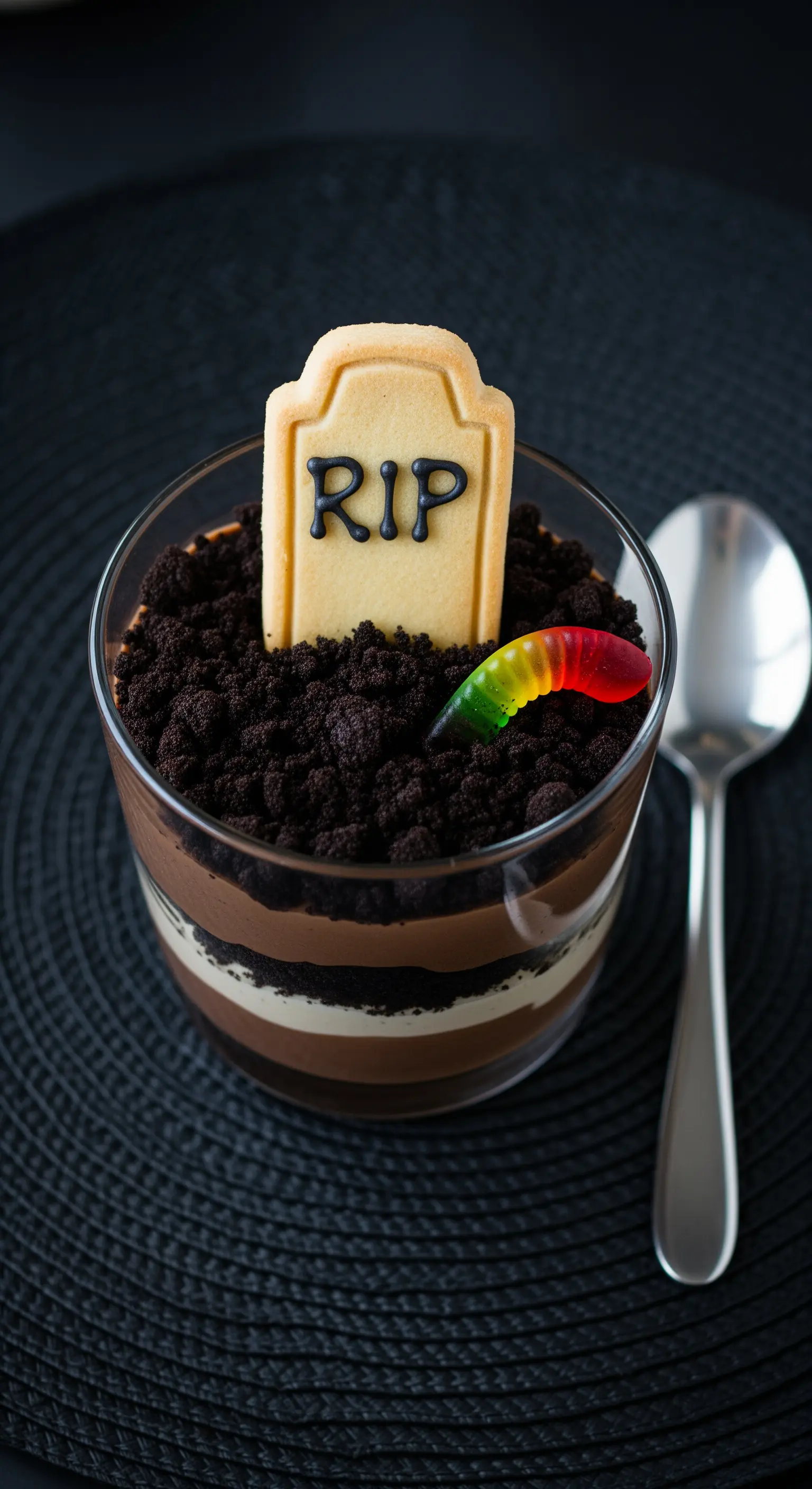 Dessert al cioccolato a strati in un bicchiere, decorato come una tomba con un biscotto 