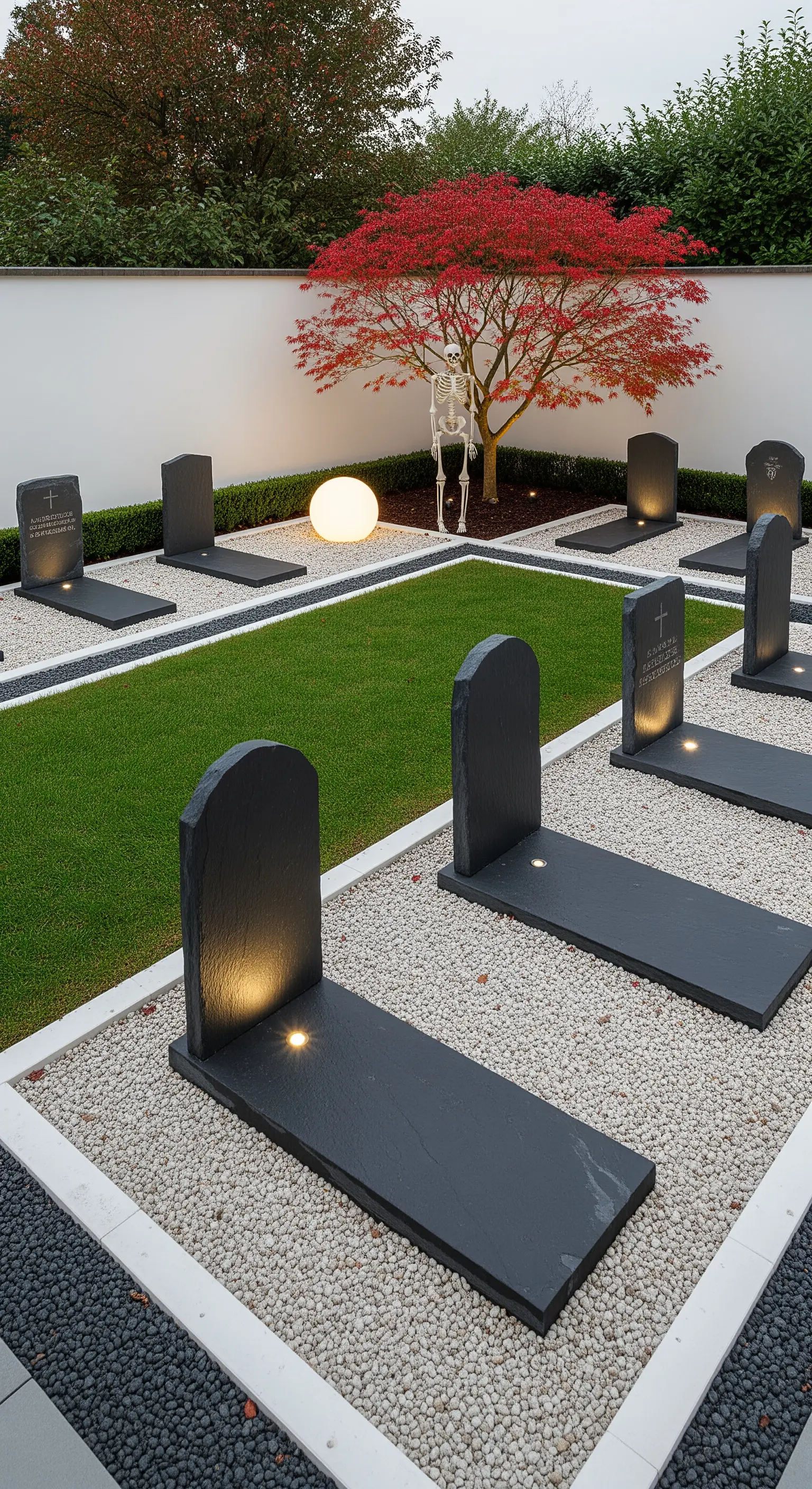 Un giardino zen con lapidi minimaliste in ardesia illuminate dal basso e uno scheletro.