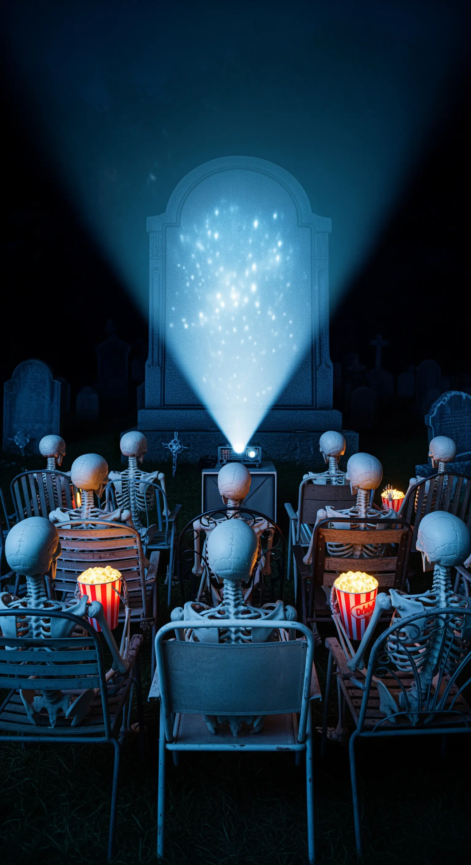 Scheletri in un cinema all'aperto guardano un film proiettato su una lapide.