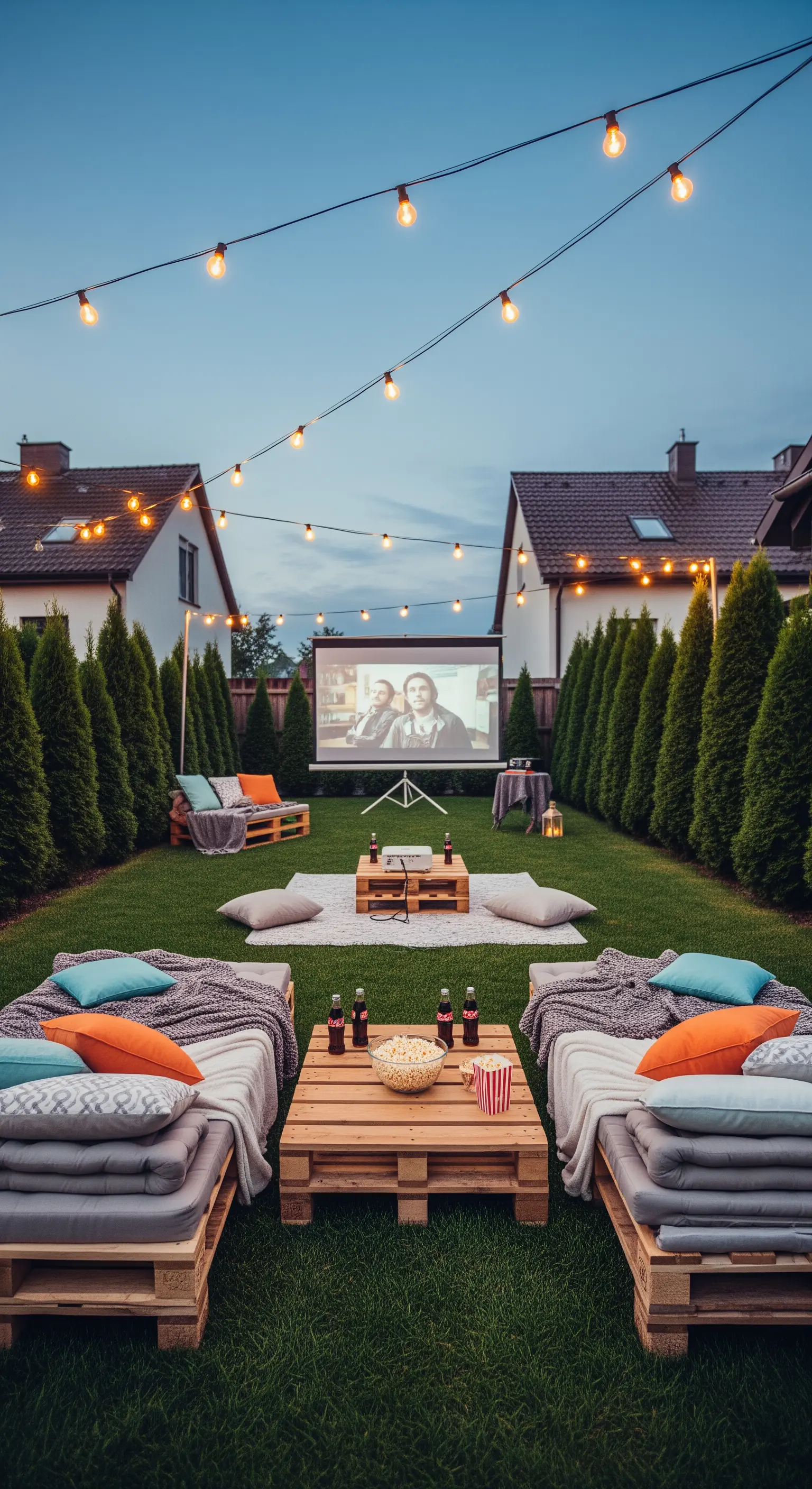 Allestimento per cinema in giardino con sedute in pallet, proiettore e lucine.