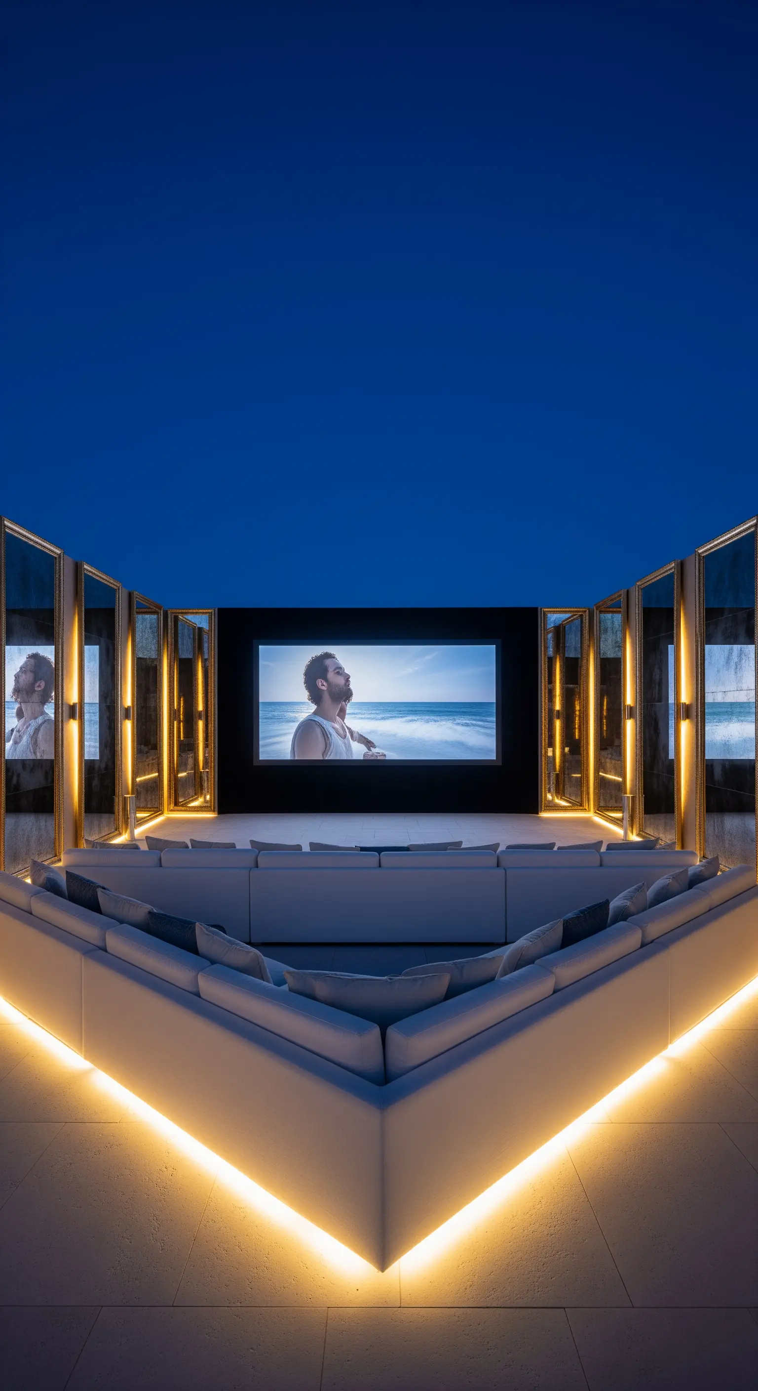 Cinema all'aperto con grande schermo, pannelli a specchio laterali e divano a U illuminato.