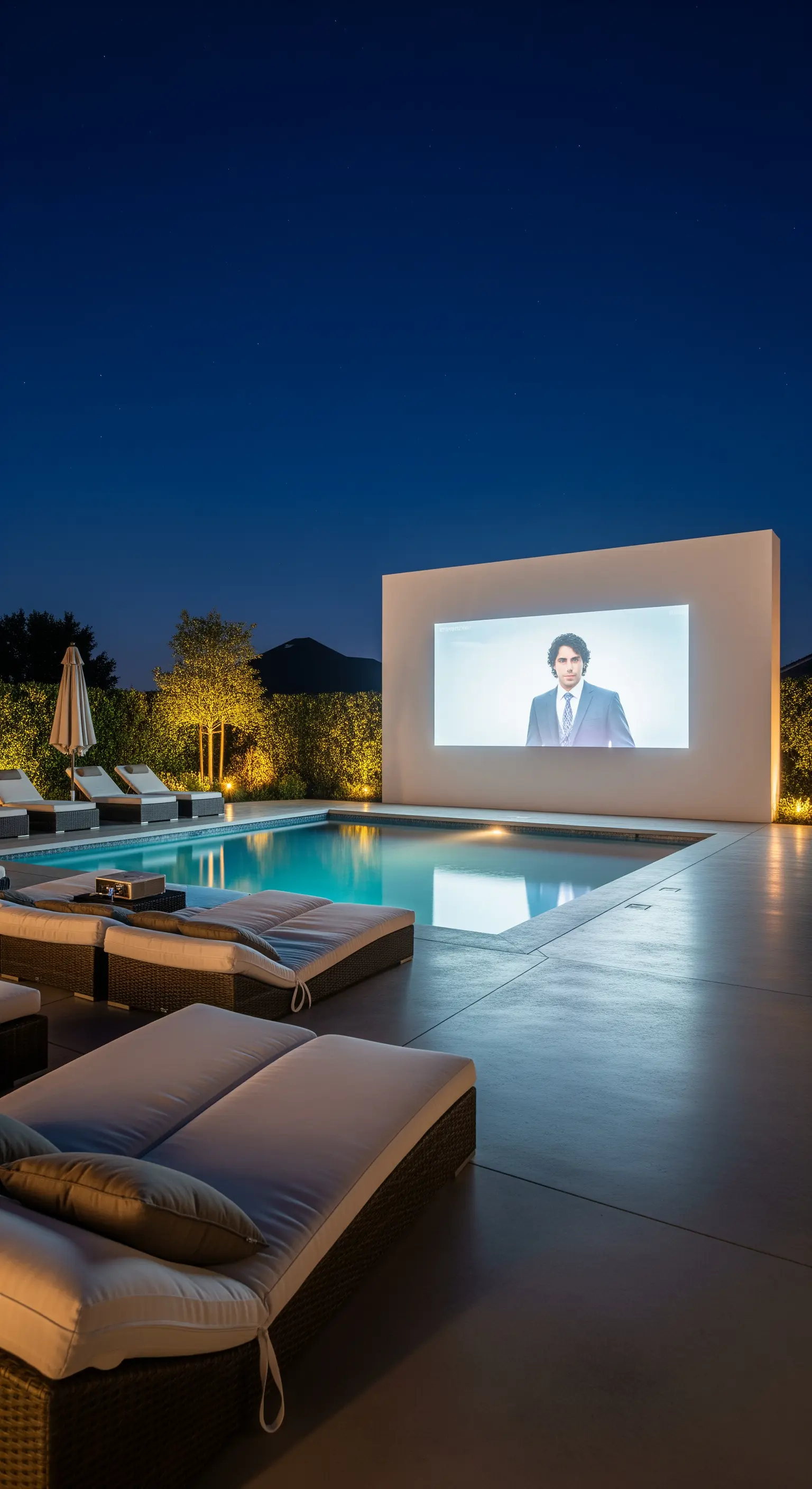 Proiezione di un film su una parete bianca a bordo piscina di notte