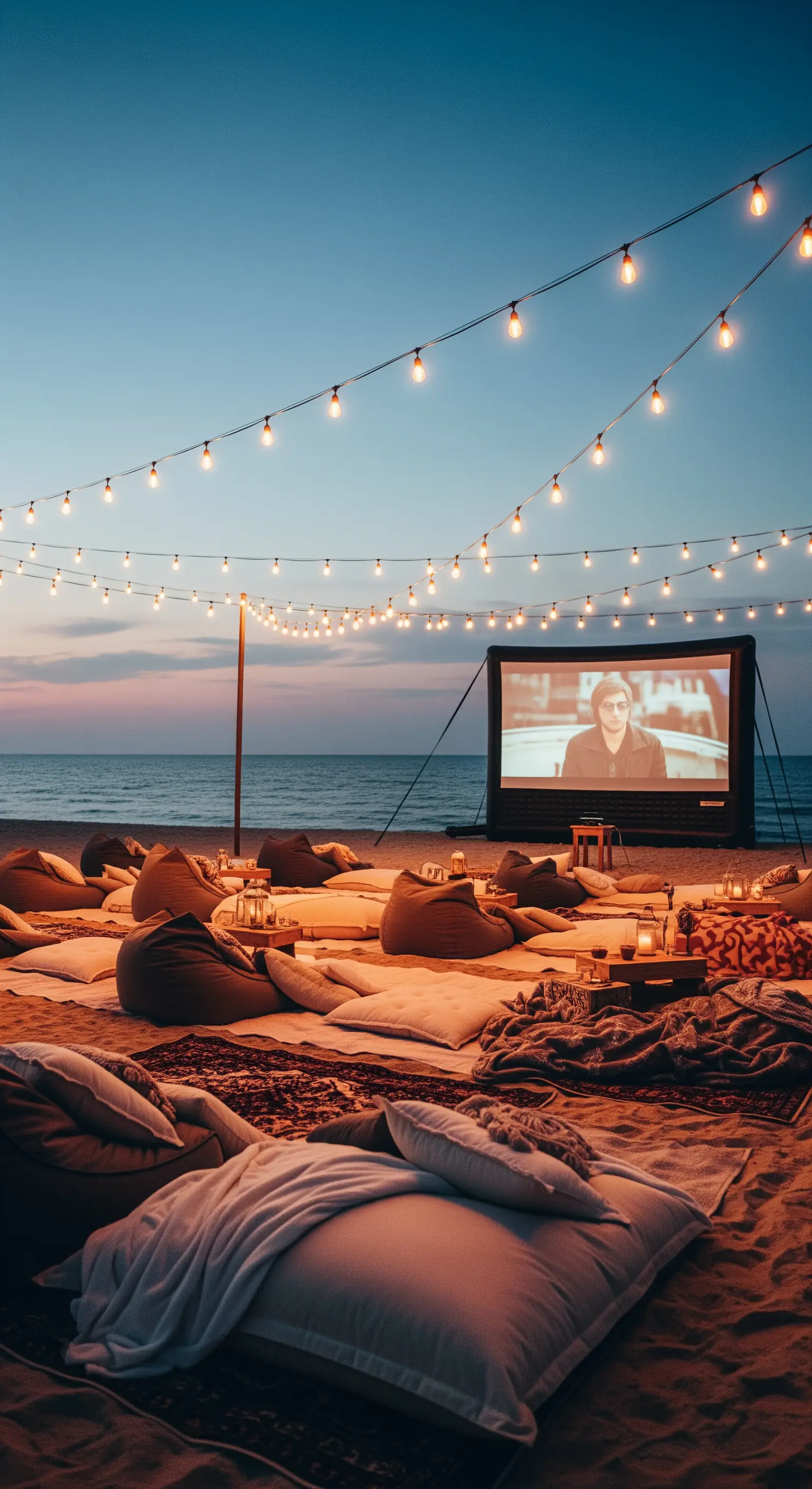 Cinema all'aperto sulla spiaggia con maxi schermo, cuscini e luci a catenaria