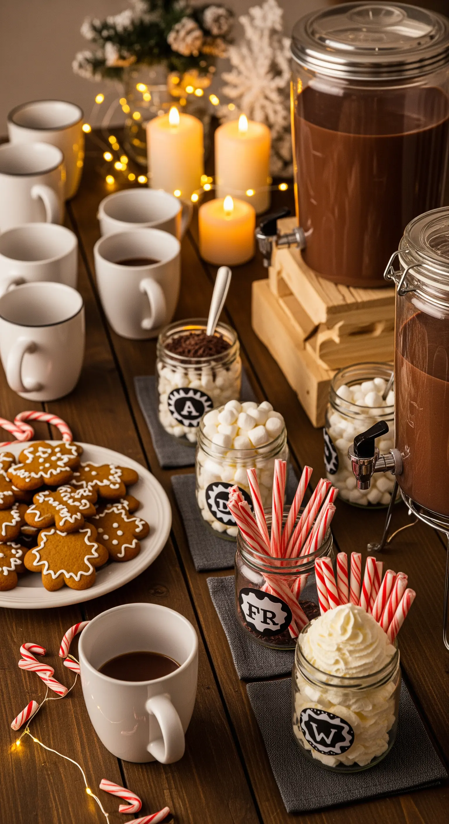 Stazione per cioccolata calda con dispenser, tazze, biscotti e vari topping in barattoli.