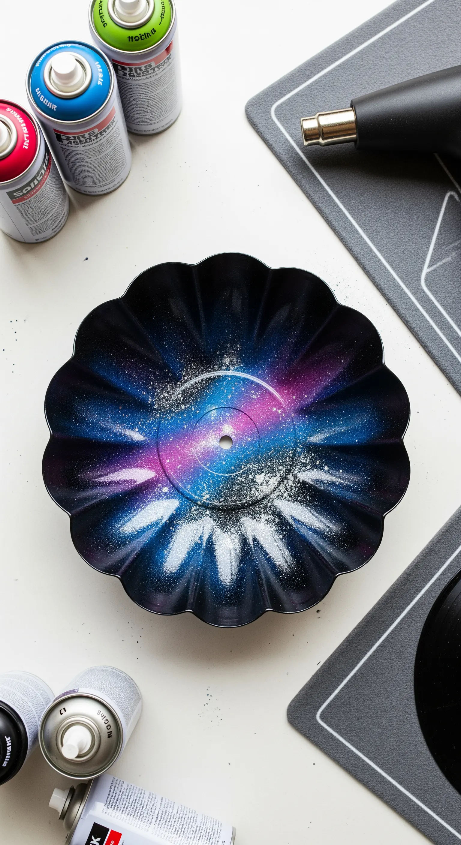 Un vecchio disco in vinile trasformato in una ciotola e dipinto con un effetto galassia.