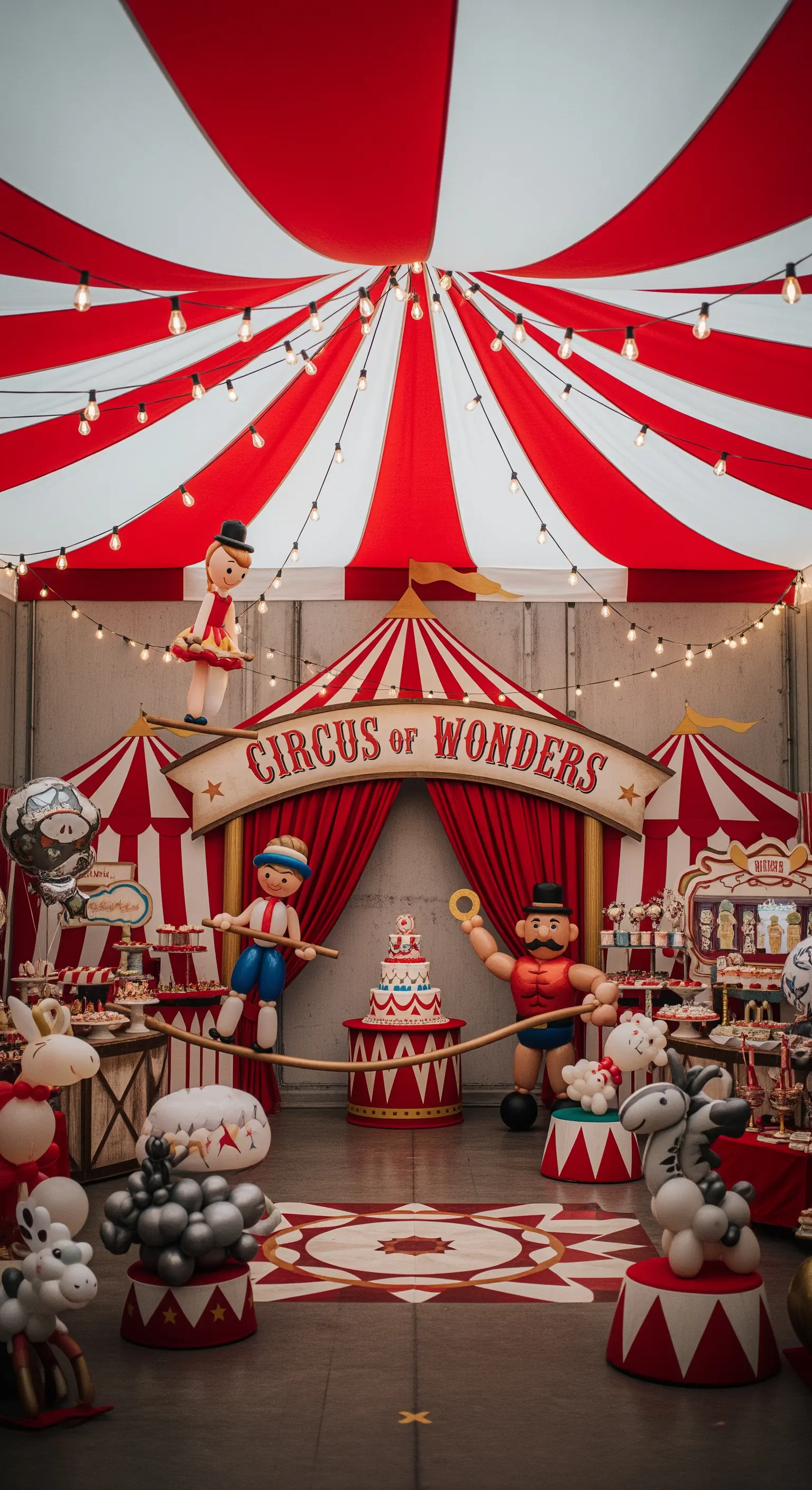 Allestimento per festa a tema circo vintage con tendone, personaggi di palloncini e un candy bar.