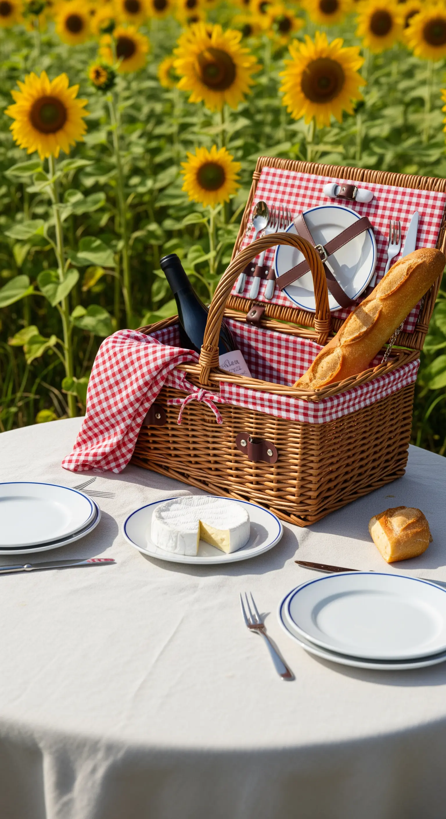 Cestino da picnic con tovaglia a quadri rossi e bianchi in un campo di girasoli.