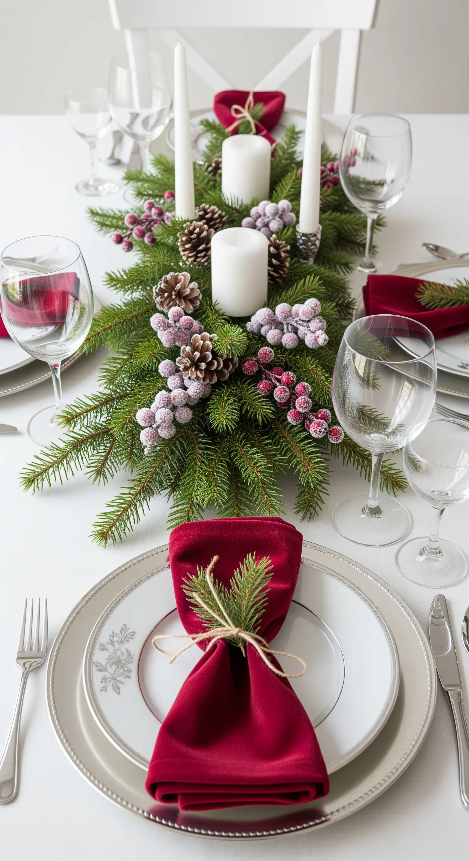 Centrotavola con pino innevato, bacche rosse e pigne; tovagliolo in velluto rosso.