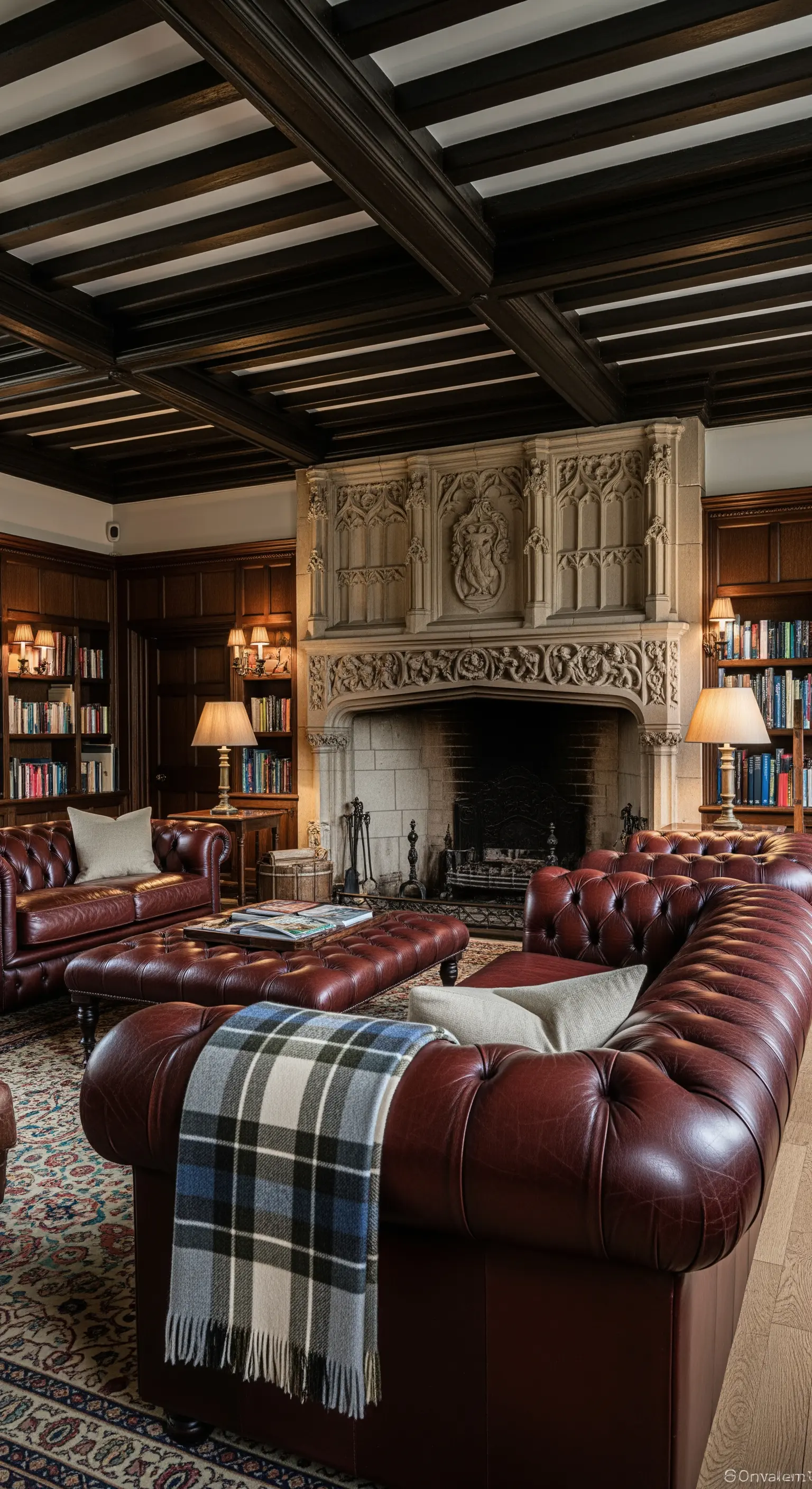 Soggiorno classico con divani Chesterfield in pelle, boiserie e camino ornato