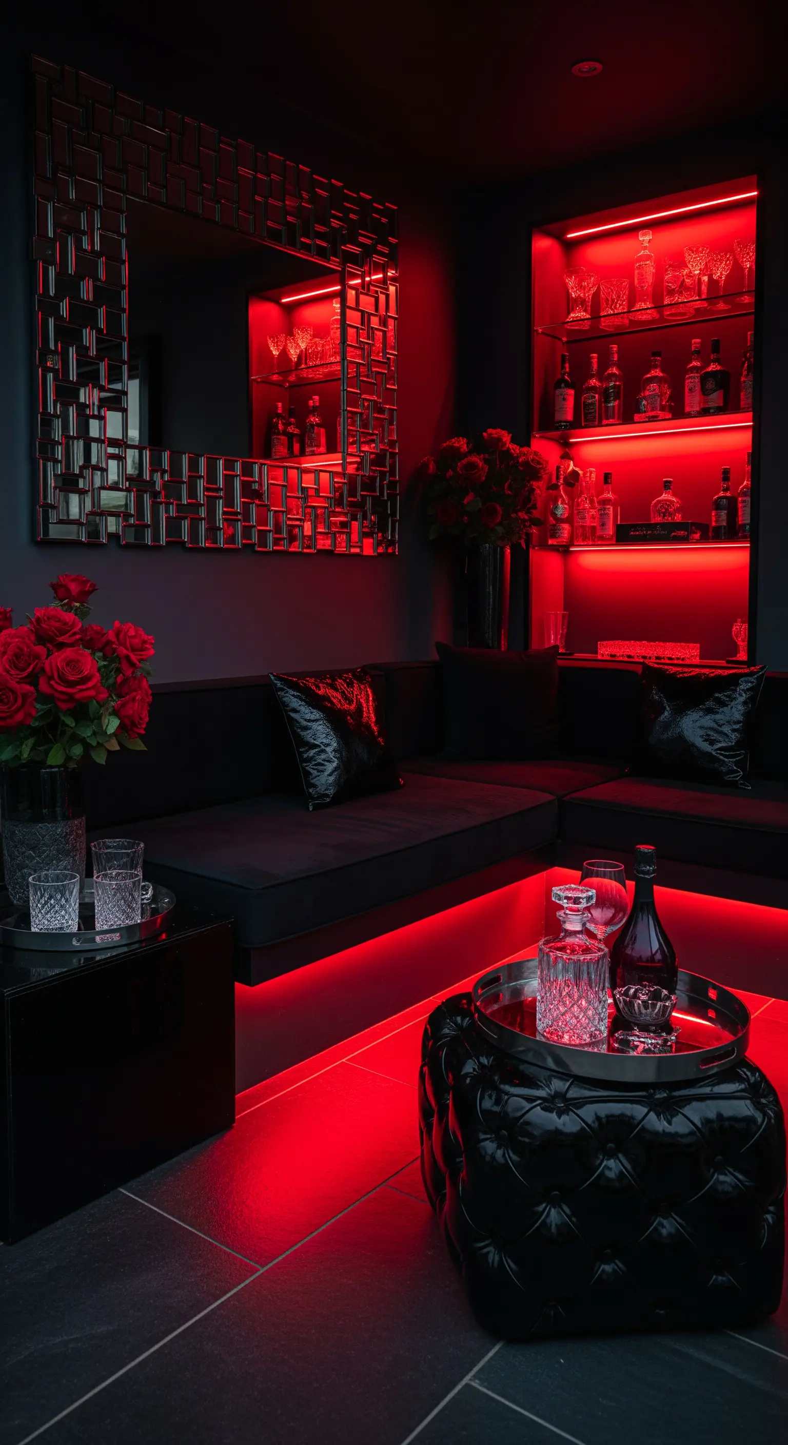 Area bar esterna con divani neri, illuminazione a LED rossa e specchio geometrico a parete