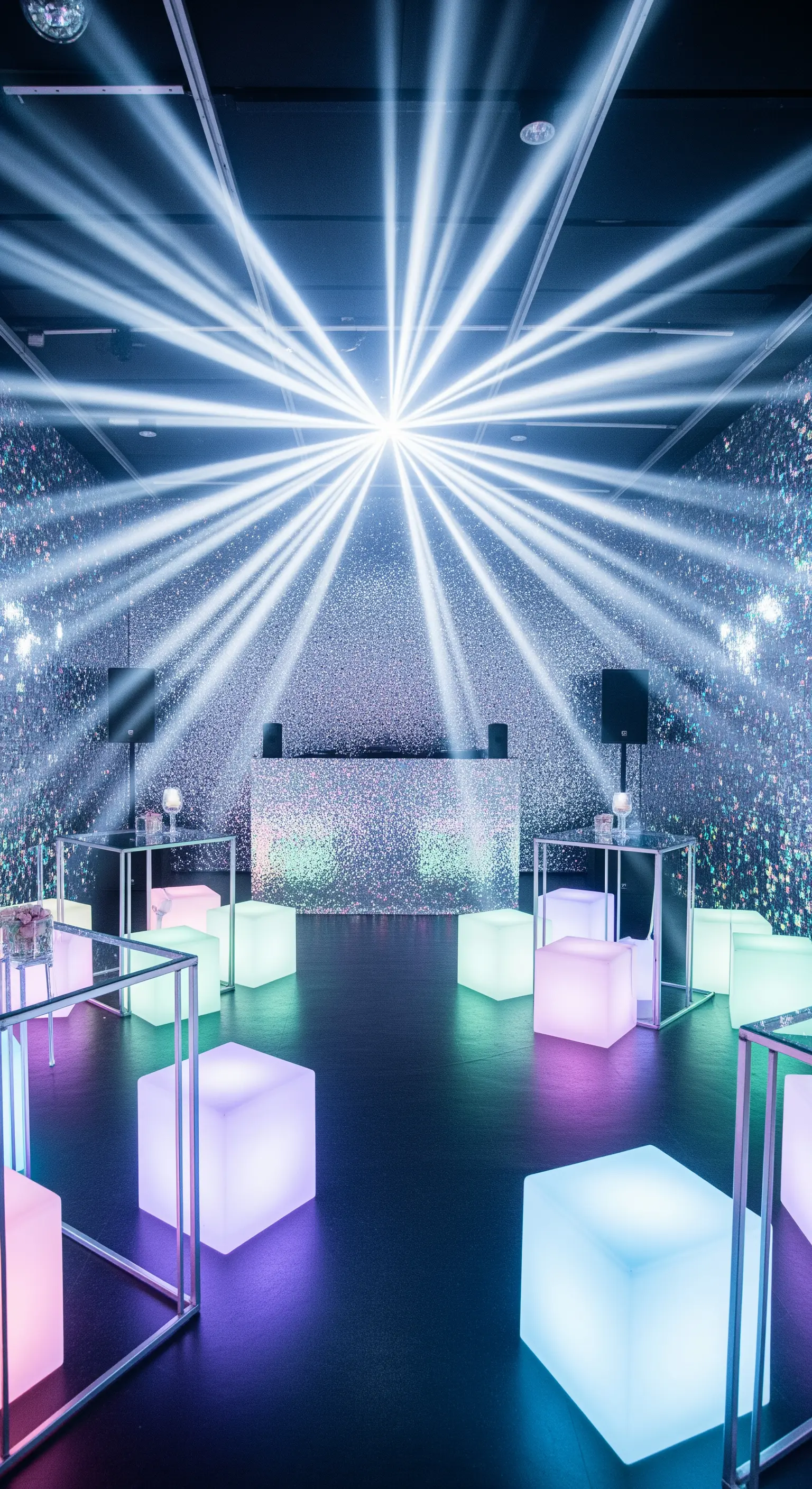 Pista da ballo con pareti glitterate, console DJ e cubi luminosi a LED.