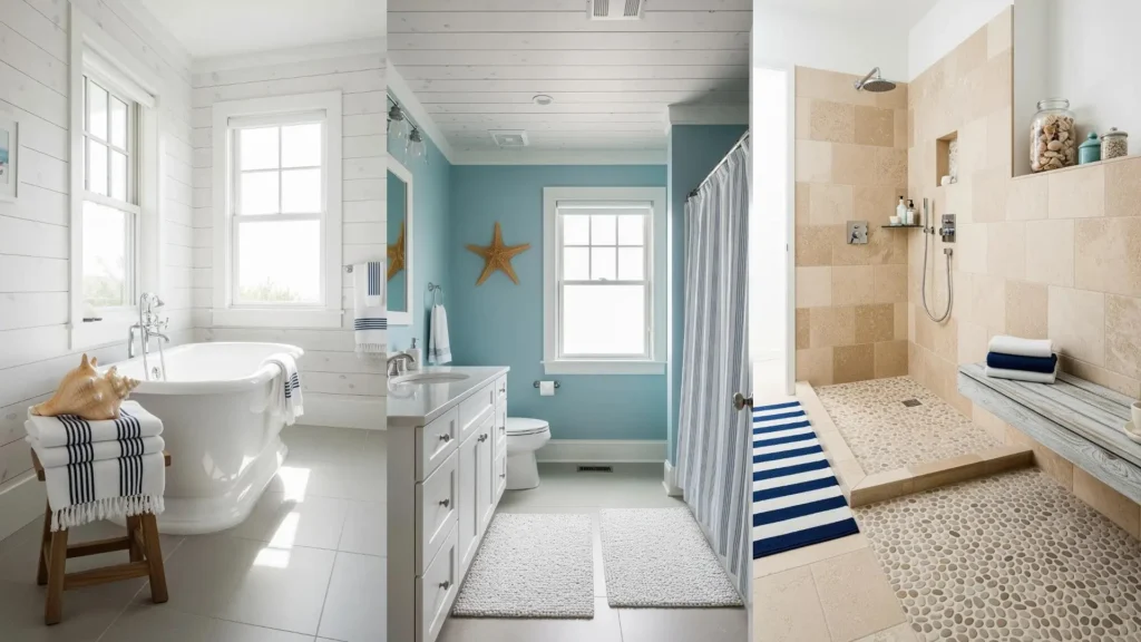 Bagno coastal con legno sbiancato, conchiglie su asciugamani a righe blu e doccia con pavimento in ciottoli.