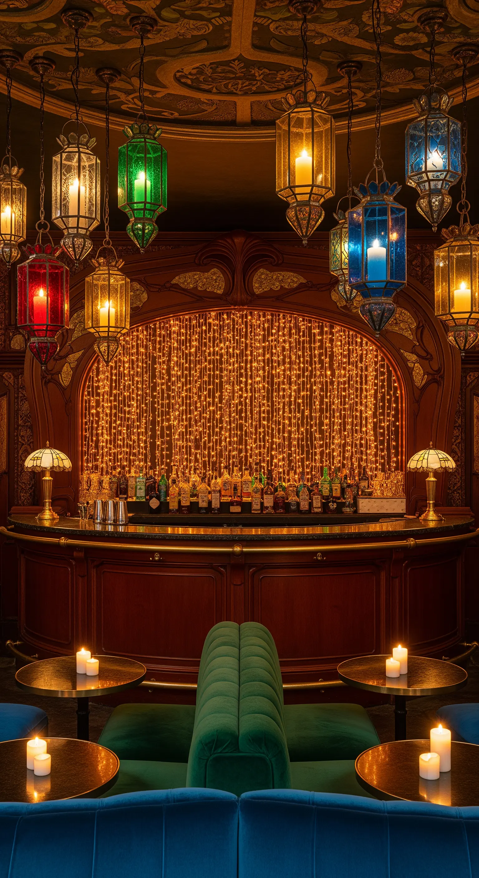 Bancone bar in legno in stile Art Nouveau con lanterne colorate e sfondo di lucine calde.