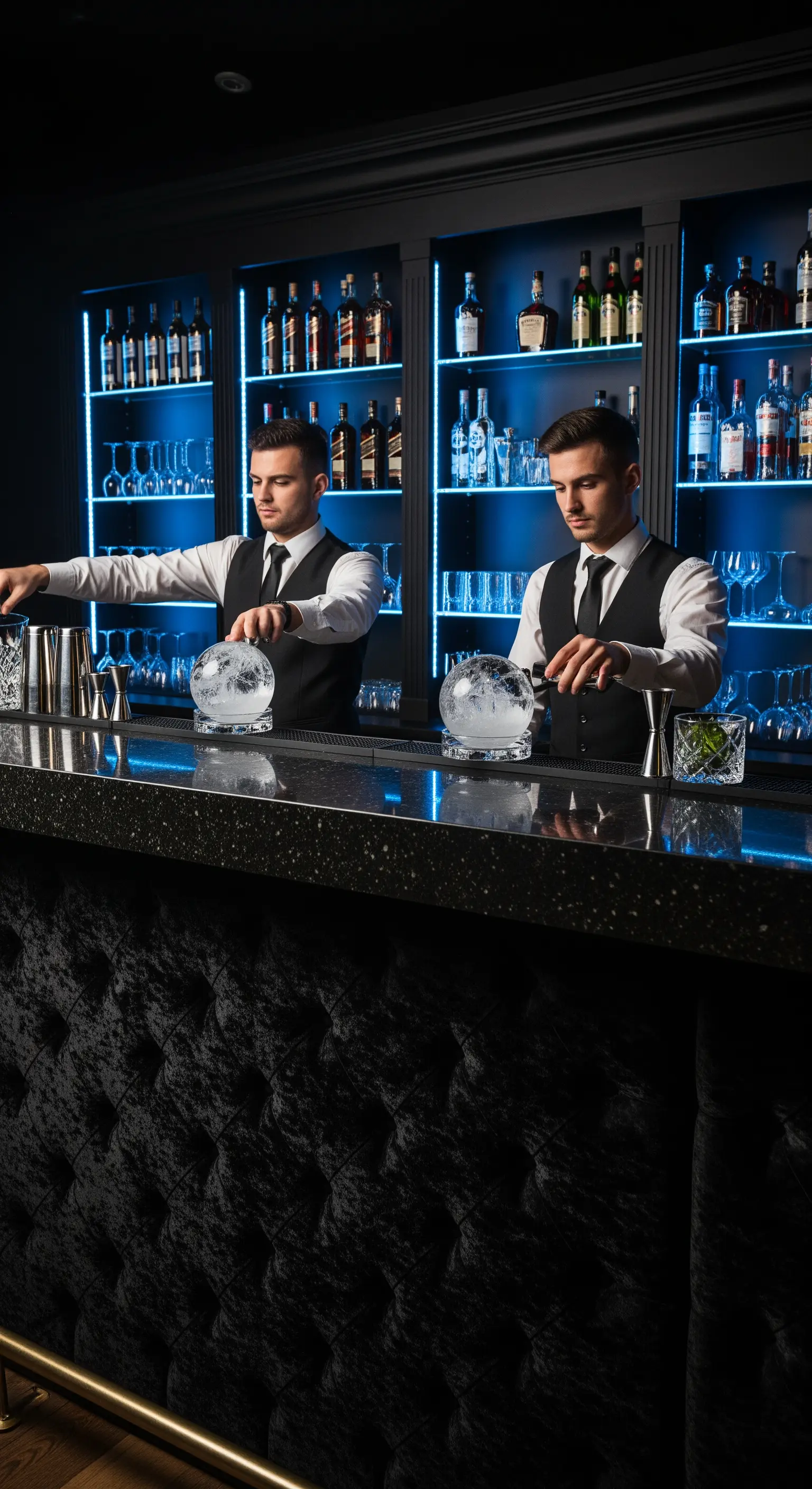 Bartender che preparano cocktail in un bar elegante con retroilluminazione blu e bancone trapuntato.