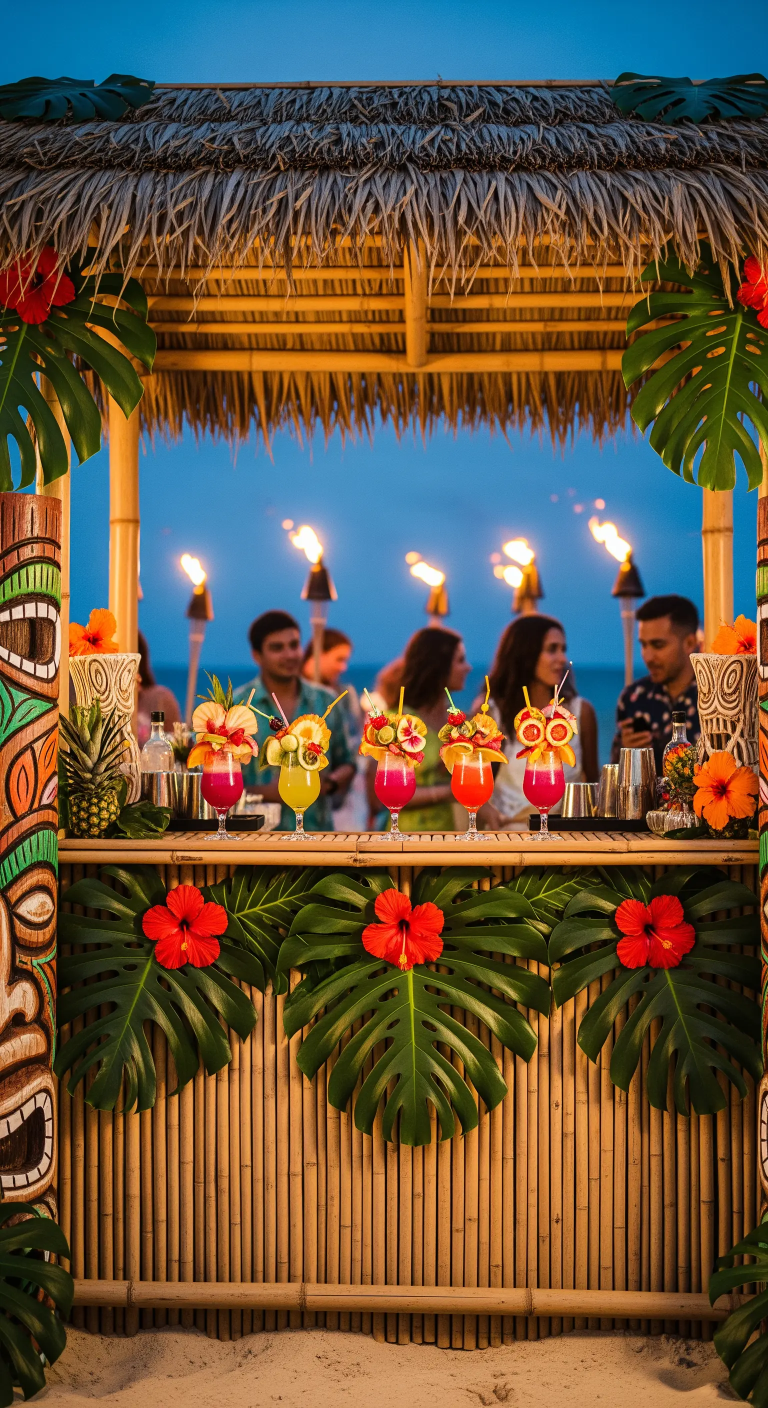 Chiosco bar in bambù decorato con fiori e foglie tropicali, con cocktail colorati
