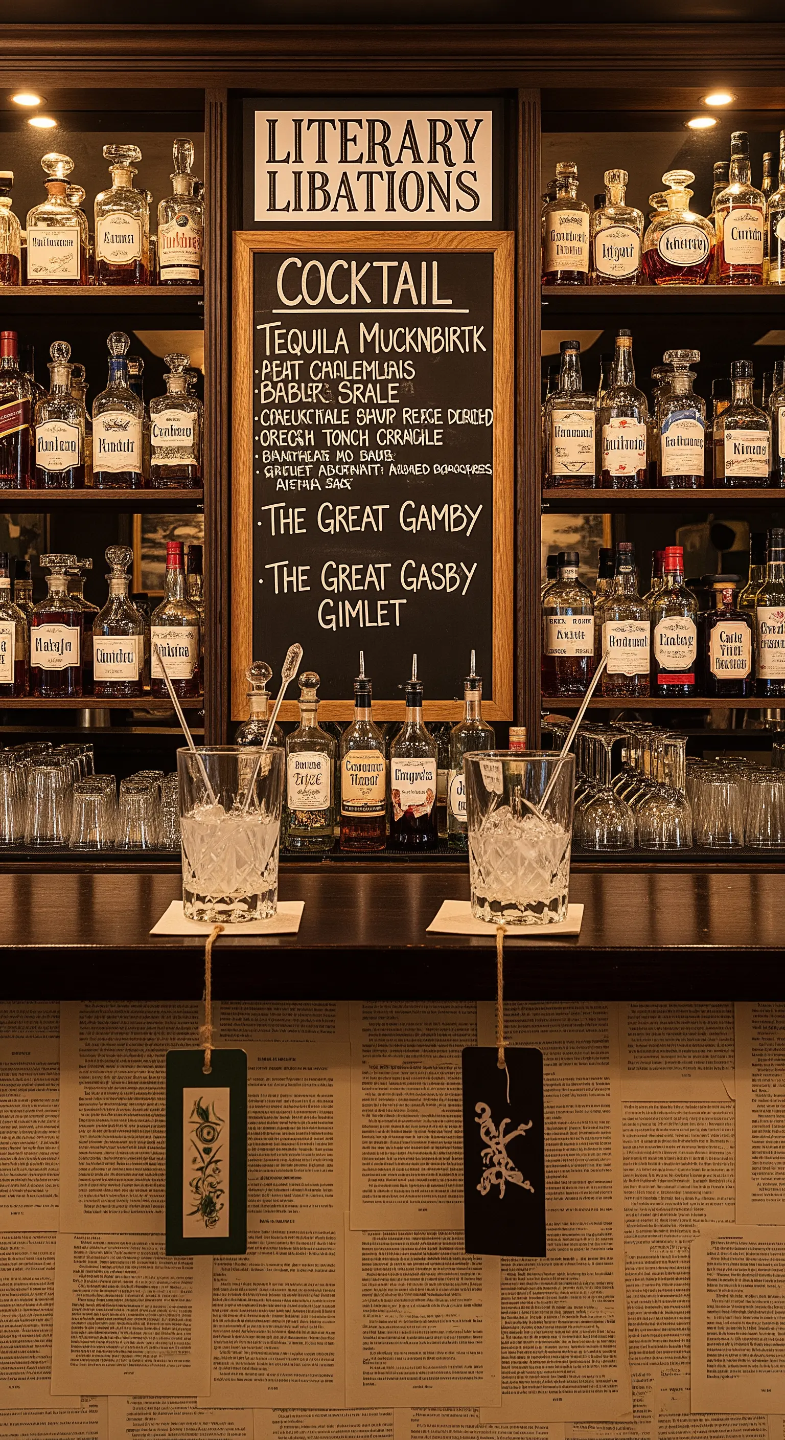 Angolo bar con lavagna che elenca cocktail a tema letterario come The Great Gasby.
