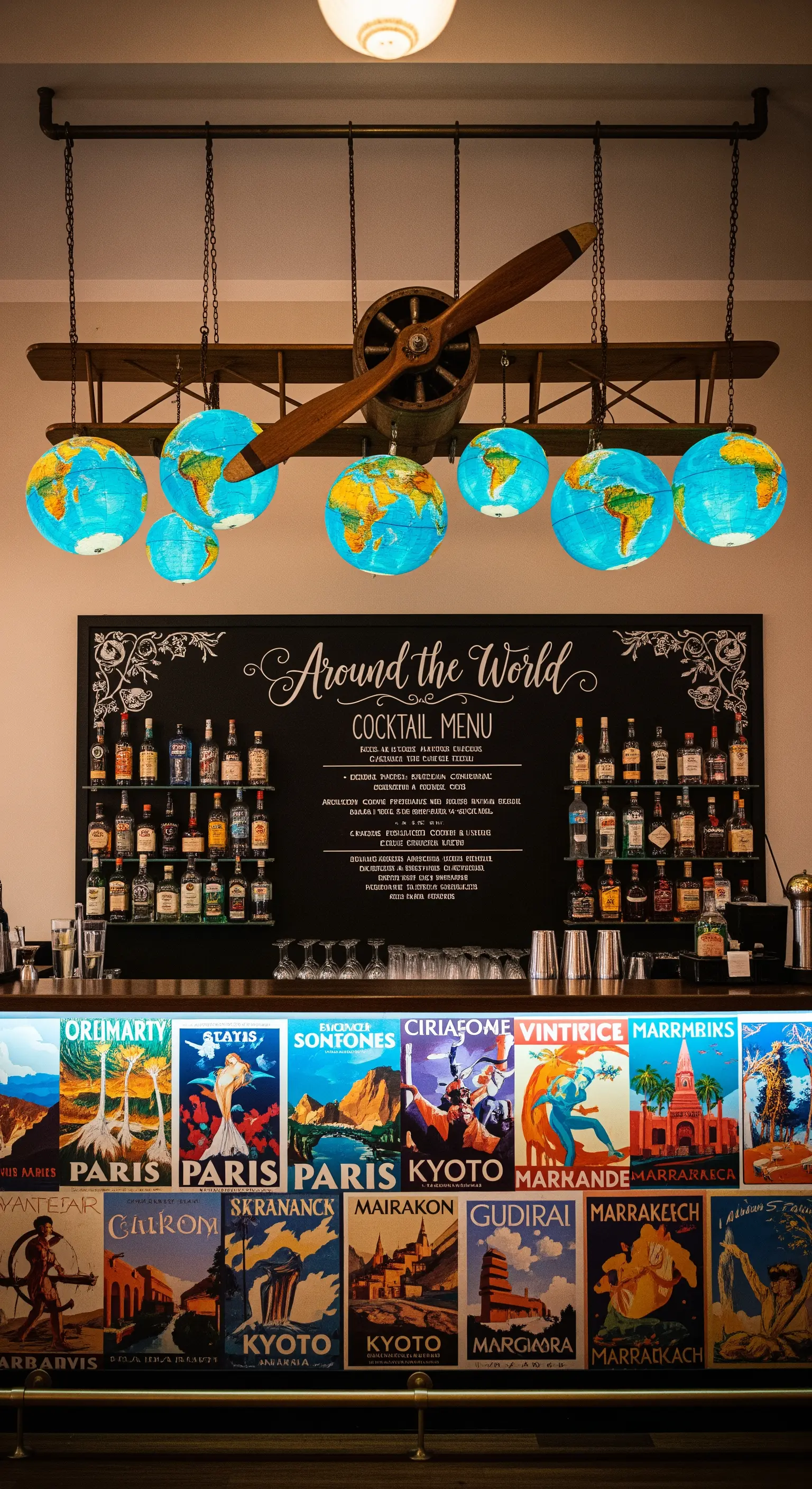 Angolo bar a tema viaggio con lampadari a forma di mappamondo e poster di destinazioni vintage.