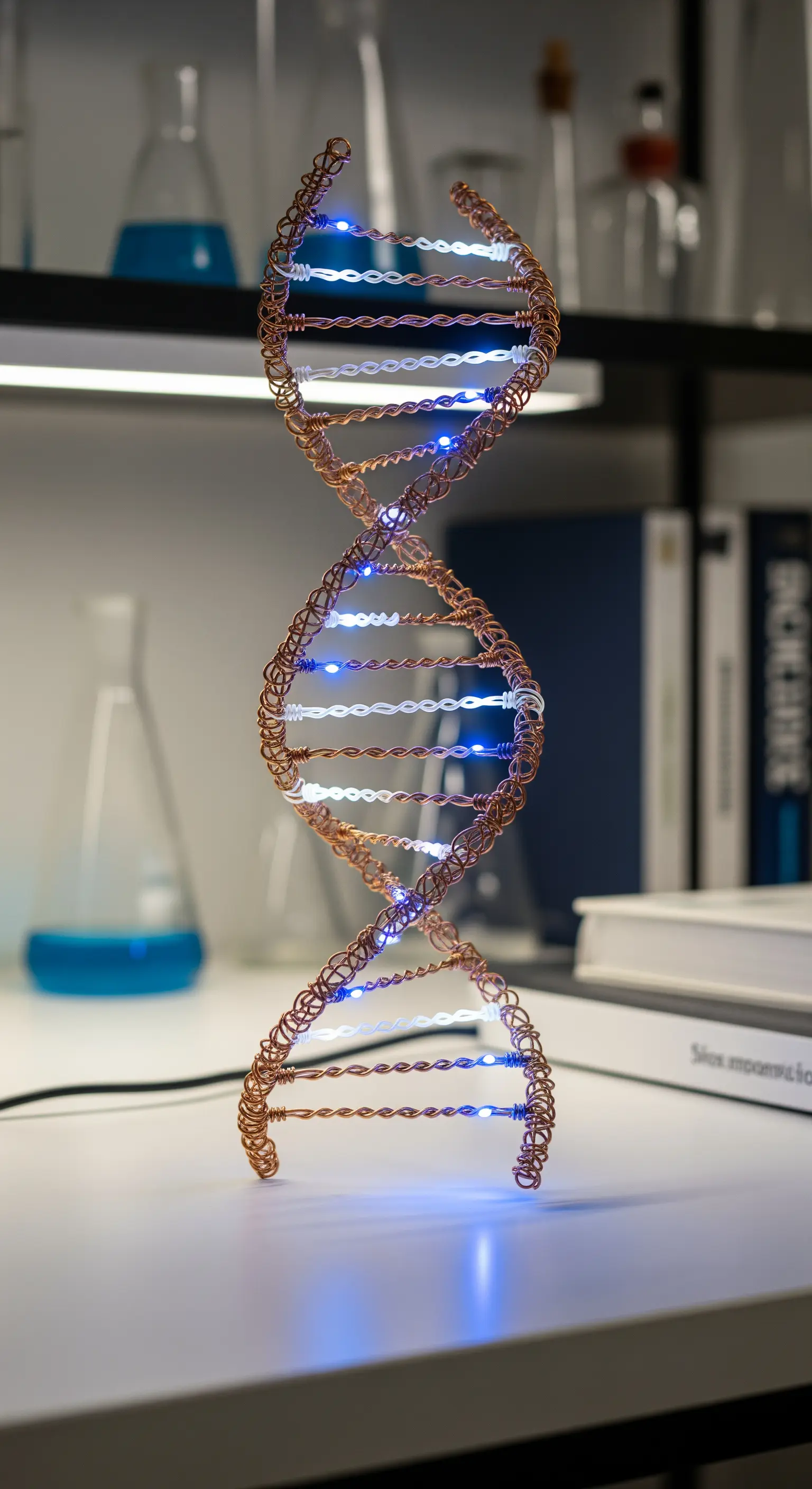 Scultura a forma di doppia elica del DNA in filo di rame con luci LED blu e bianche.